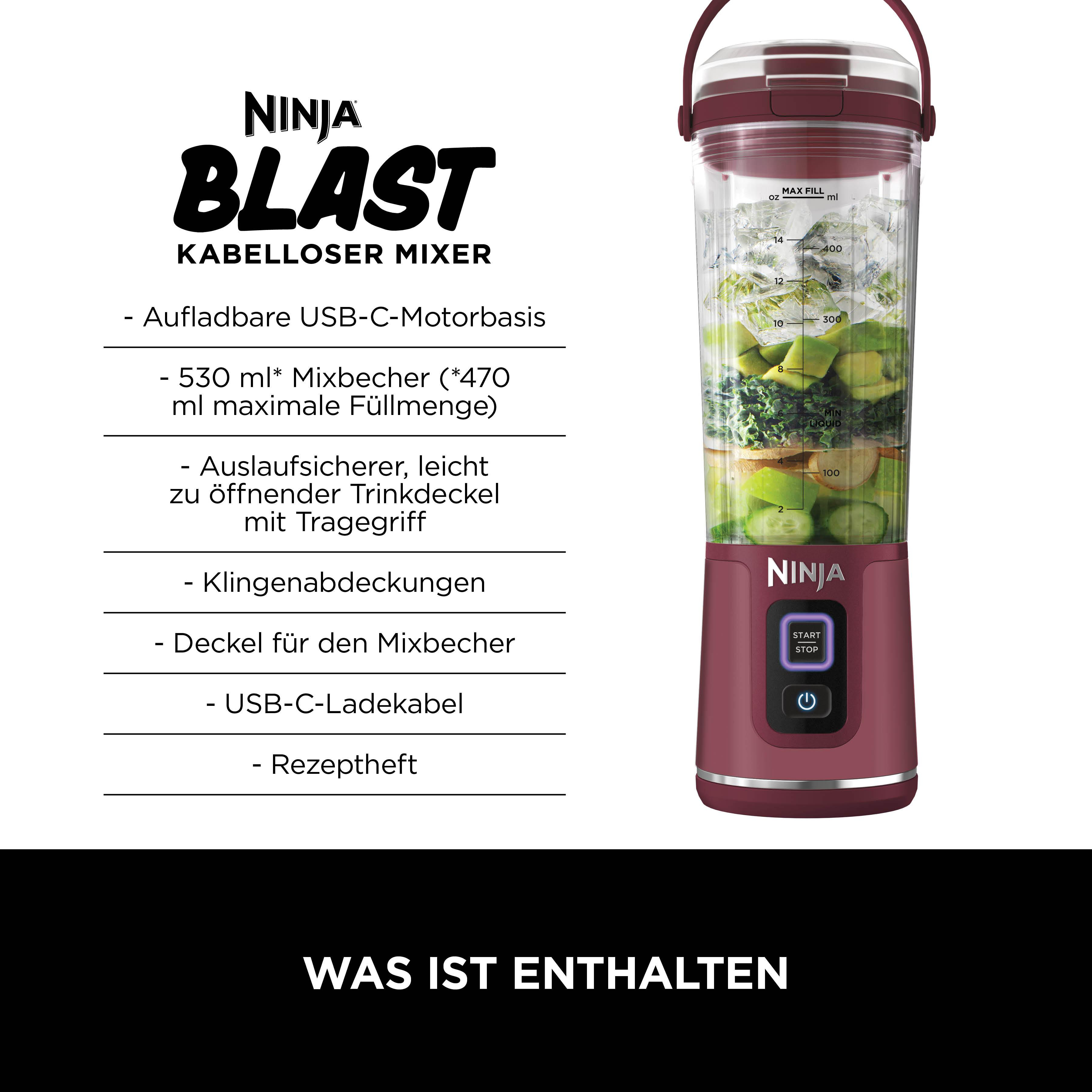 Ein maroonfarbener Ninja Blast Mixer mit Zutaten wie Gurken, Grünkohl und Eiswürfeln wird vor weißem Hintergrund gezeigt.