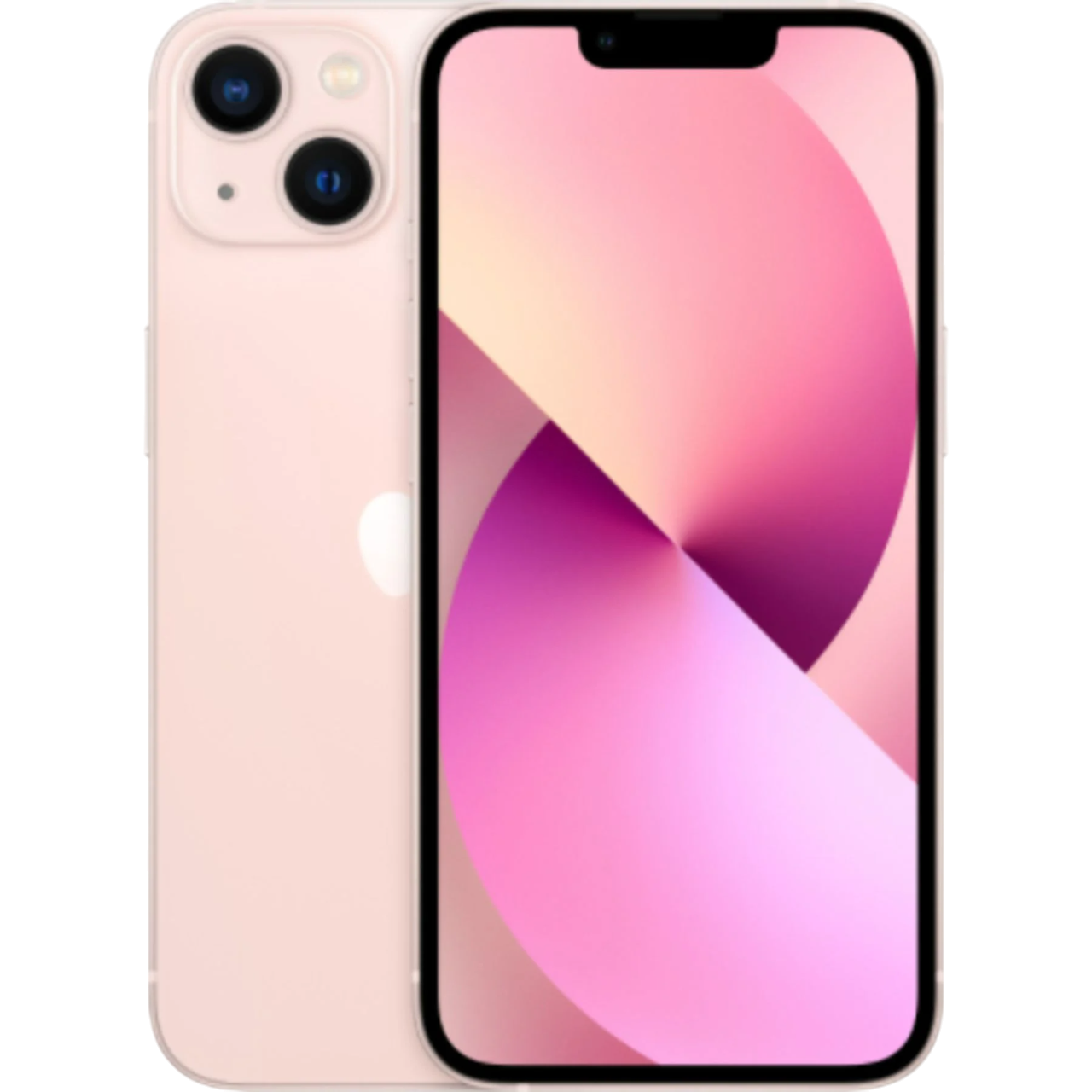 Üç kameralı ve pembe gradyanlar gösteren ekrana sahip pembe bir iPhone 13. Telefon siyah bir arka plan üzerinde.