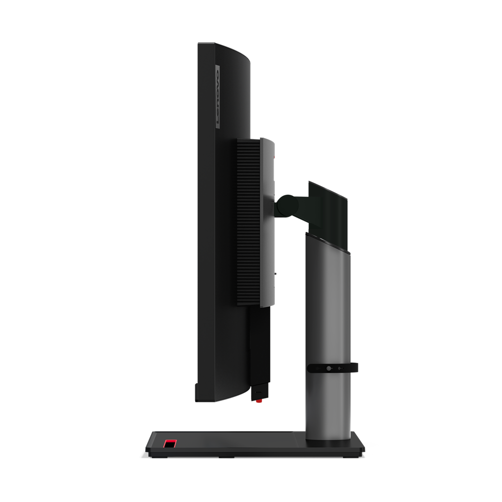 Seitenansicht eines schwarzen Lenovo-Monitors. Er hat einen silbernen Ständer und einen schwarzen Fuß. Der Hintergrund ist schwarz.