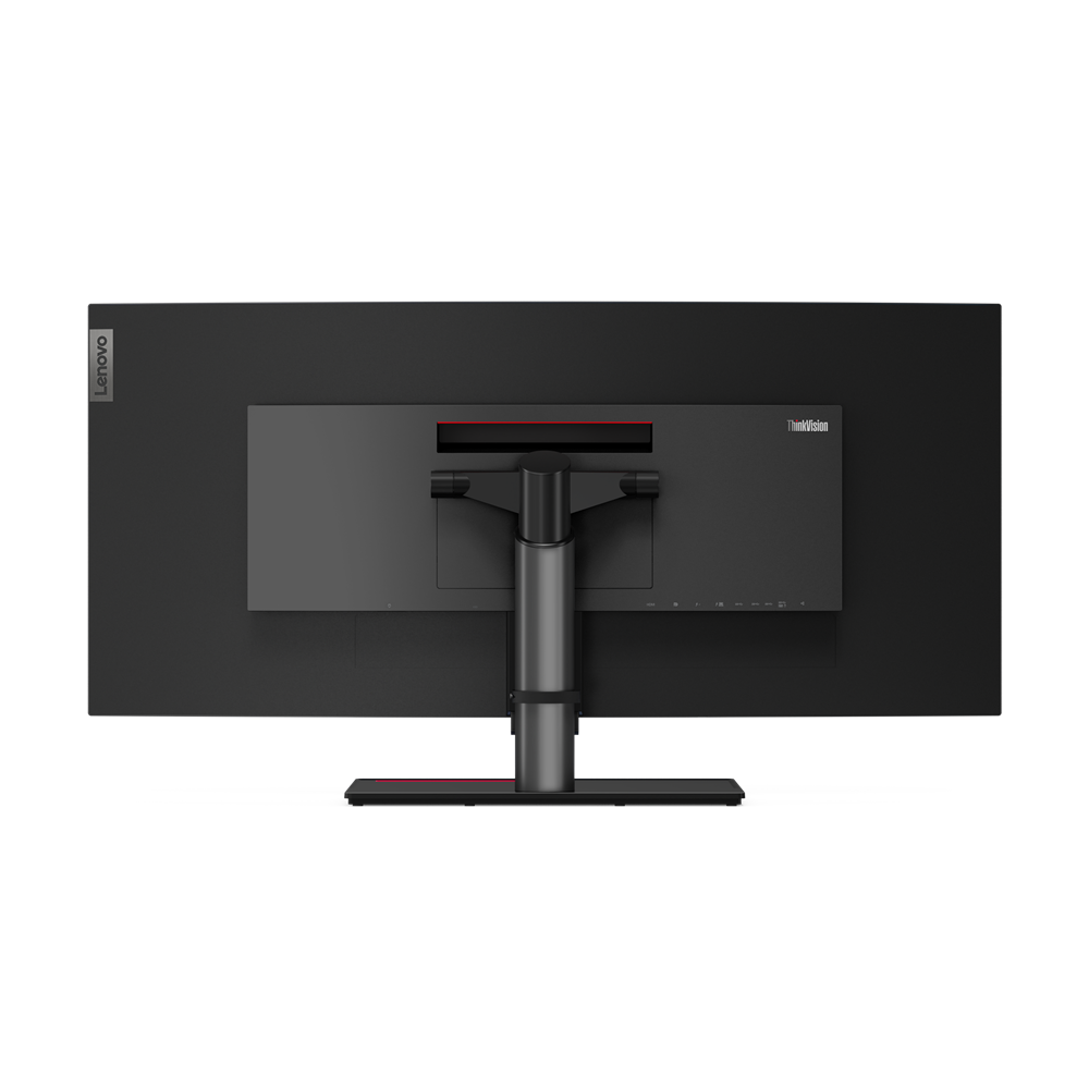 Rückseite eines schwarzen Lenovo ThinkVision Monitors. Mit Ständer, roter Akzent und verschiedenen Anschlüssen.