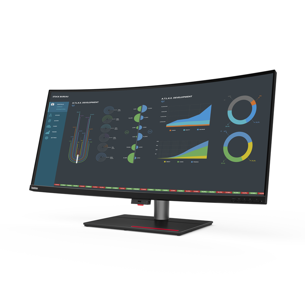 Ein gebogener Monitor zeigt Finanzdaten mit Diagrammen und Grafiken. Der Bildschirm zeigt Börseninformationen und Geschäftsentwicklungsdetails.