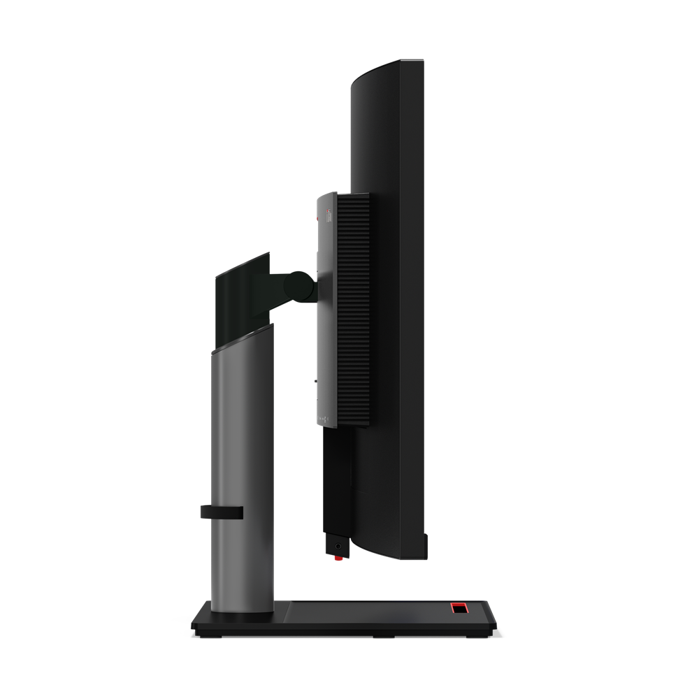 Seitenansicht eines schwarzen Computermonitors mit silbernem Ständer. Der Monitor hat einen dünnen Rahmen und einen roten Akzent.