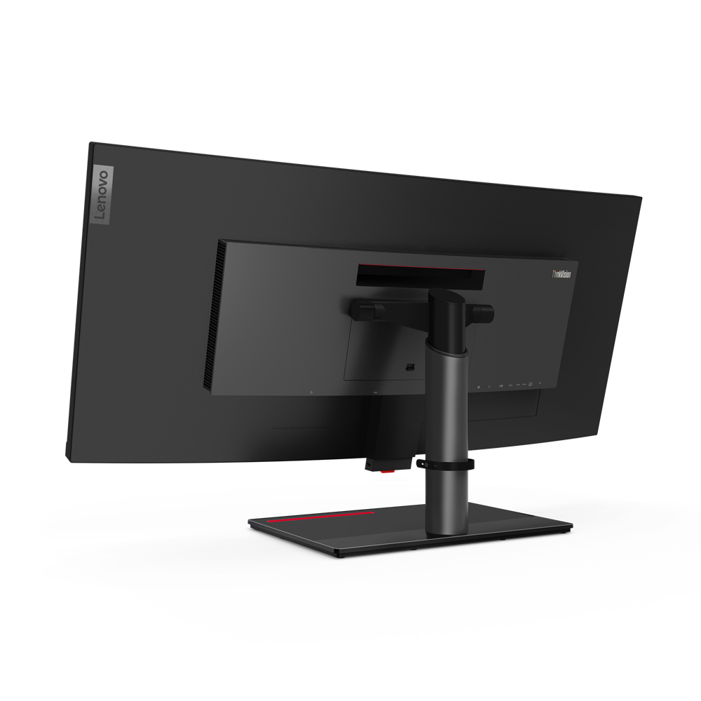 Rückansicht eines schwarzen Lenovo ThinkVision Monitors mit silbernem Ständer. Rote Akzente auf Rückseite und Basis.