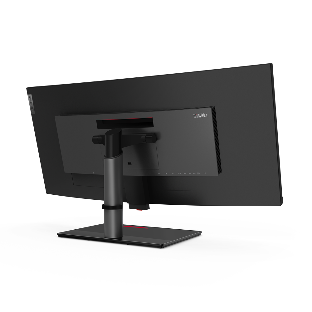 Rückansicht eines schwarzen Lenovo ThinkVision Monitors. Der Ständer ist silber und schwarz. Der Hintergrund ist ein schwarzer Farbverlauf.