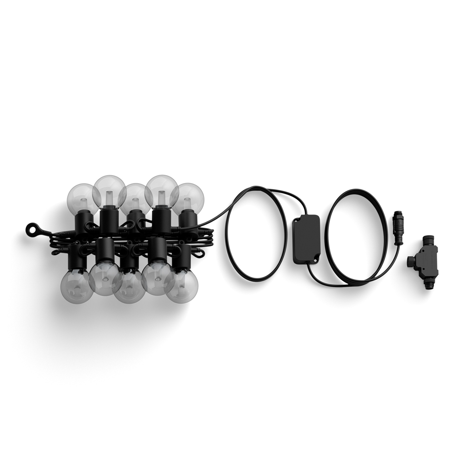 Black string lights with clear bulbs on a white background. Power cord, connector, and a black box are also visible.