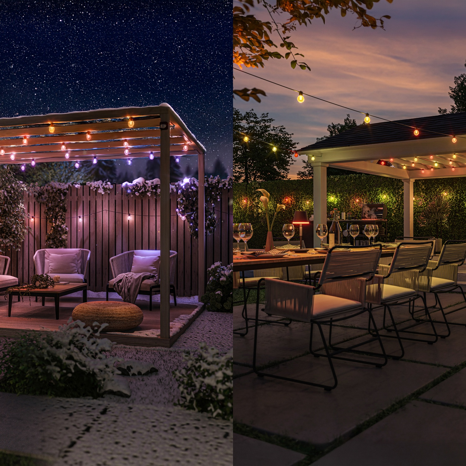 Outdoor scenes: snowy patio with seating and fairy lights, and a patio with dining table, chairs, and lights at sunset.