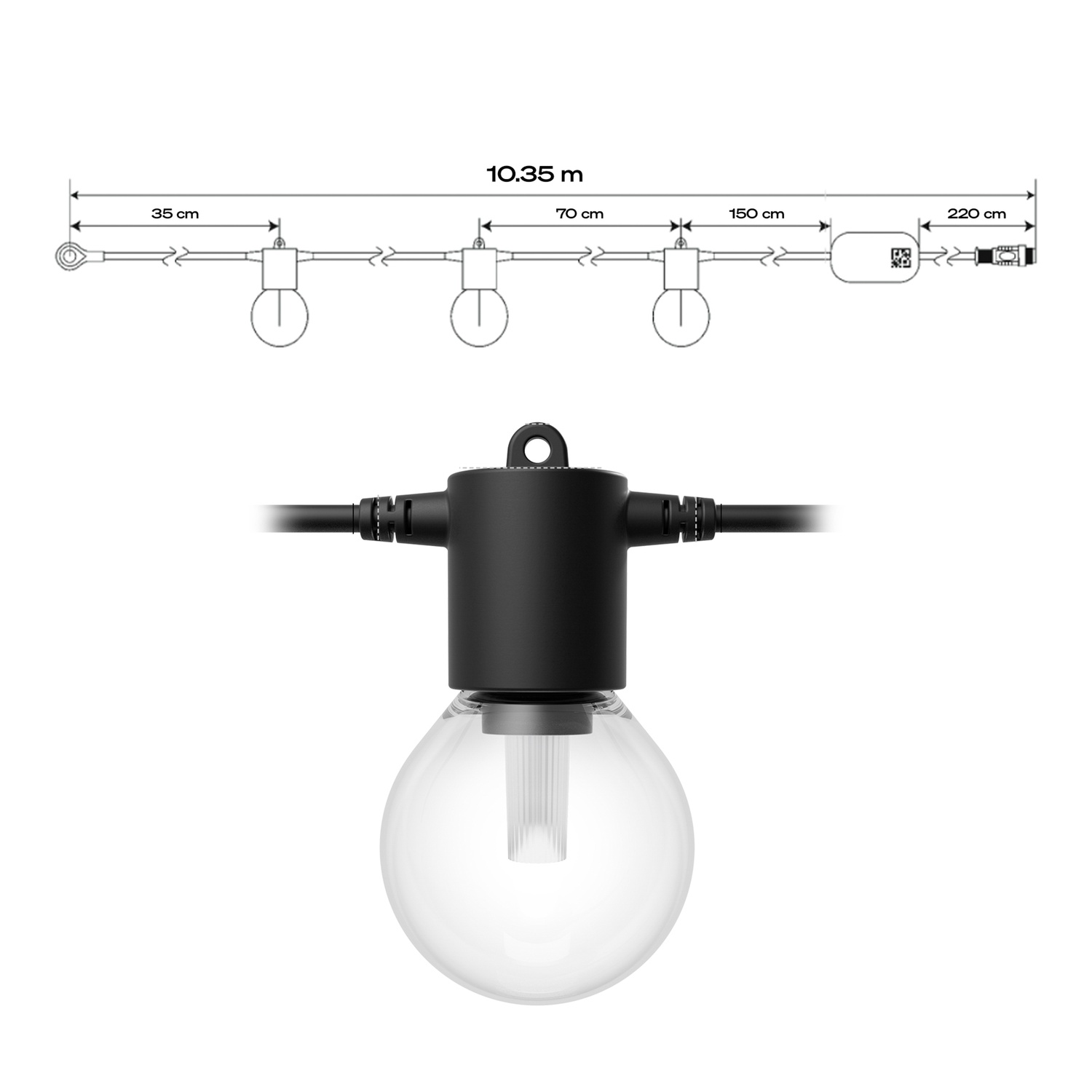 A black string of clear globe lights. Dimensions are provided. One light is shown in detail with a black fixture and clear bulb.
