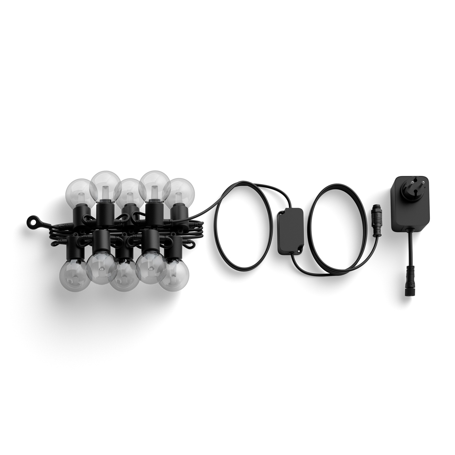 A string of clear light bulbs connected by black wires. The string has a power adapter and a black control box. White background.