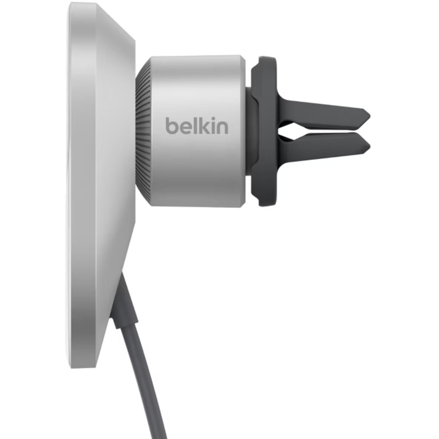 Support de téléphone de voiture Belkin, vue latérale. Composants argentés et noirs. Inclut support, clip de ventilation et câble.