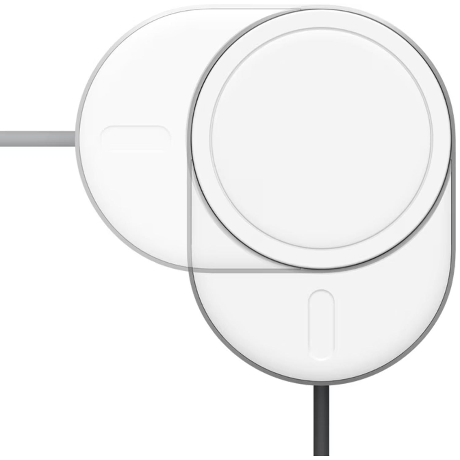 Deux dispositifs circulaires blancs superposés avec des bords gris et un câble noir. L'un a un renfoncement rectangulaire. Le fond est blanc.