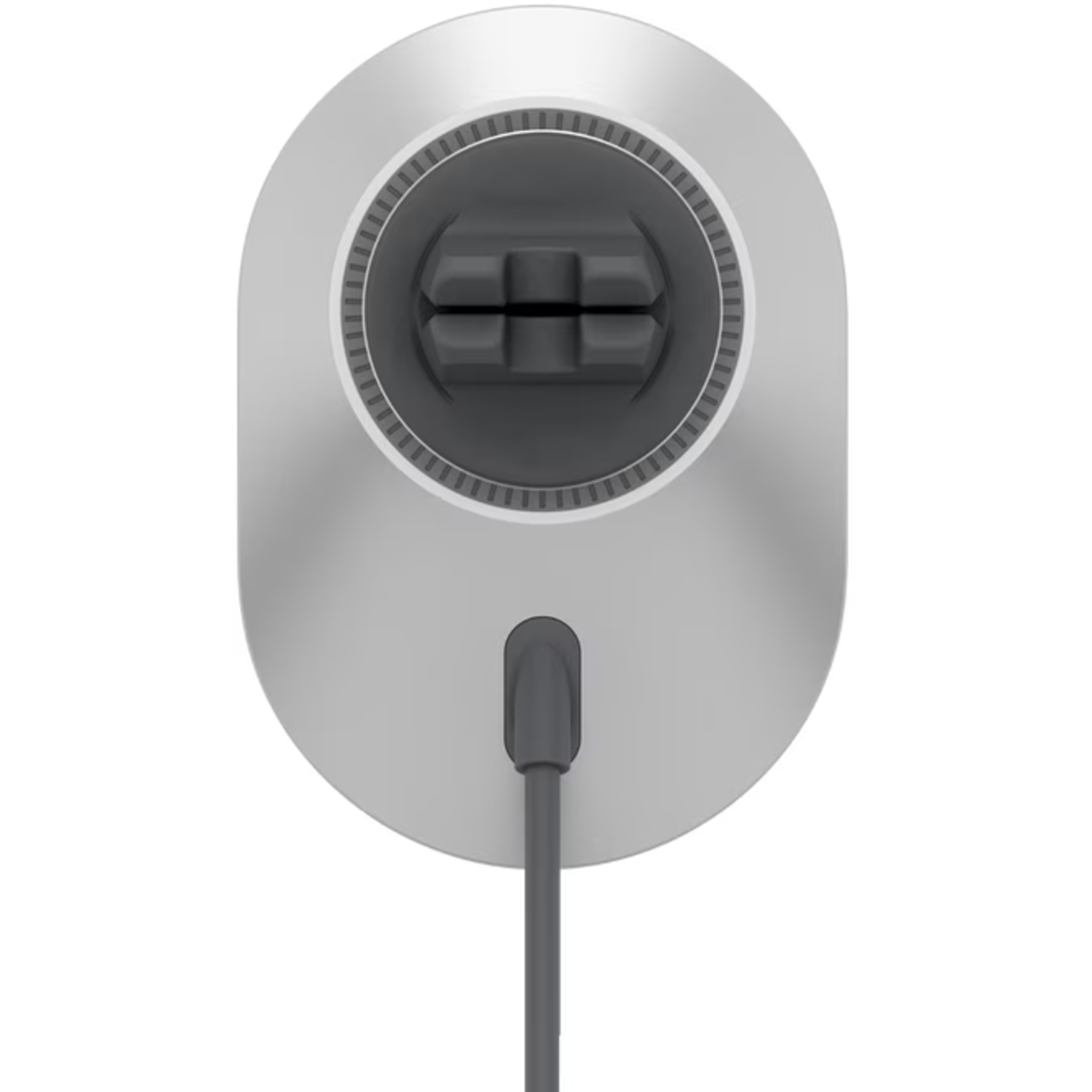Un appareil argenté avec un dessus circulaire, un centre gris foncé et un câble gris s'étendant vers le bas. Le dessus a un design à fentes.