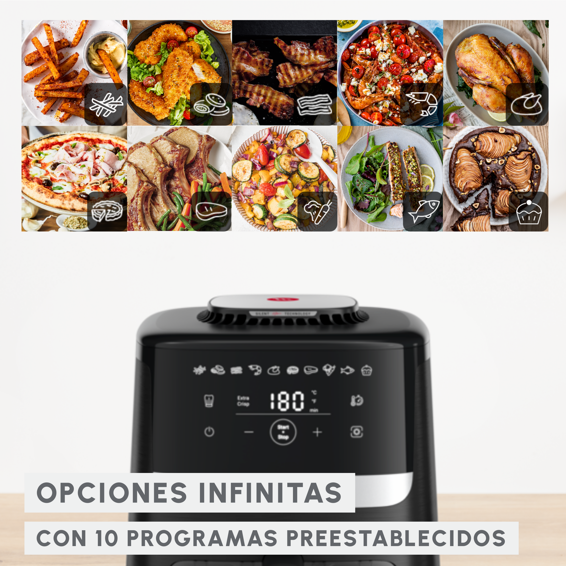 Una freidora de aire con iconos de diferentes platos. La pantalla muestra 180 grados. El texto dice 'OPCIONES INFINITAS CON 10 PROGRAMAS PREESTABLECIDOS'.