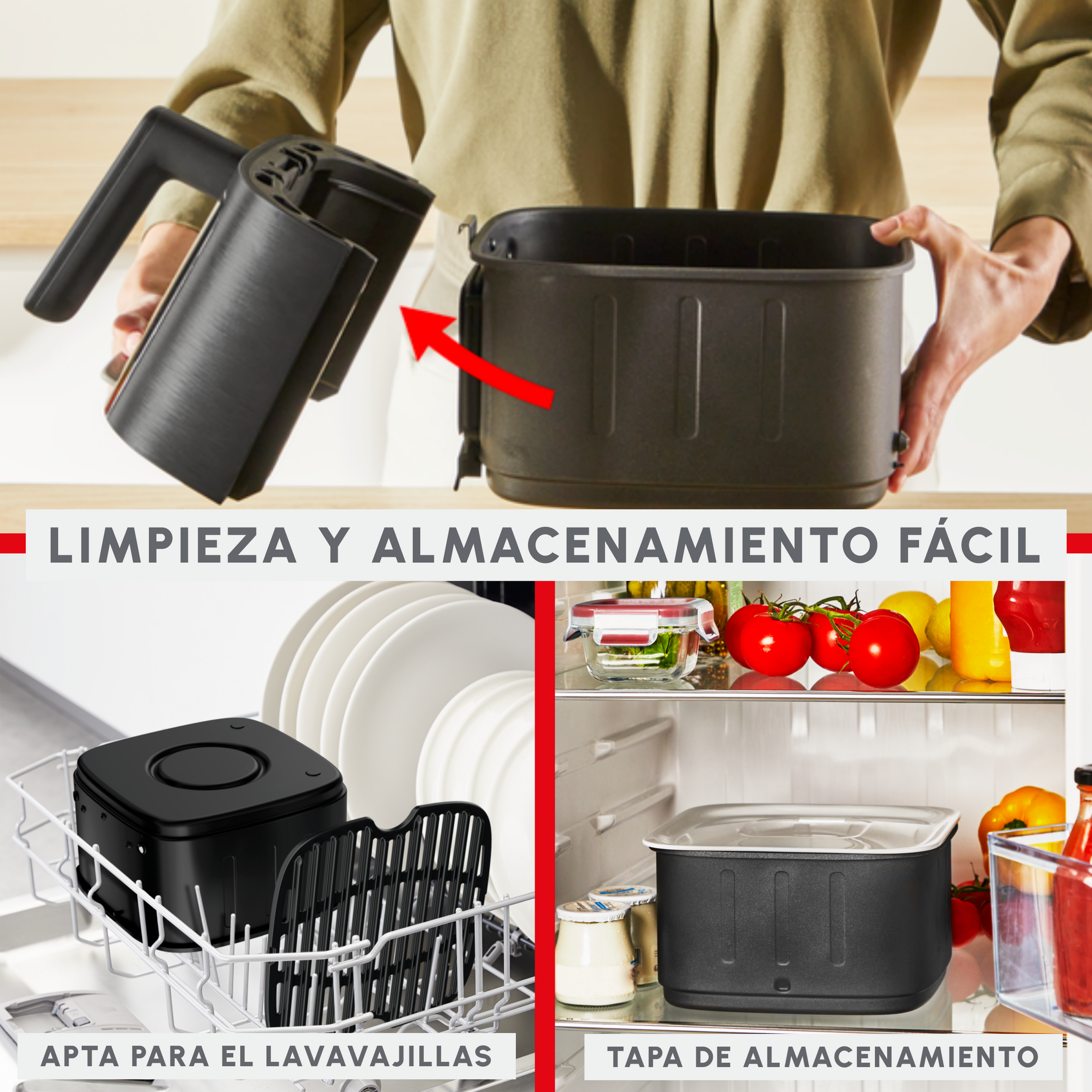 Un freidora de aire que se está montando. Muestra piezas, apto para lavavajillas y recipiente de almacenamiento. Tomates, nevera, yogur y salsas son visibles.