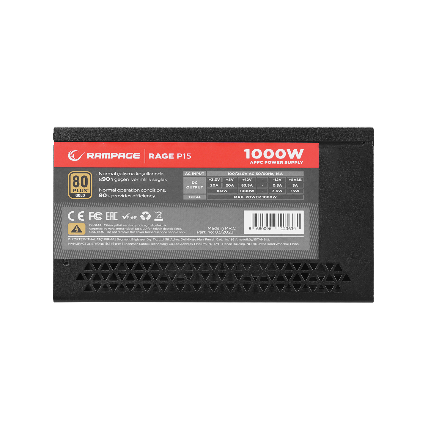Beyaz metinli siyah güç kaynağı. Rampage, Rage P15 ve 1000W gösteriyor.
