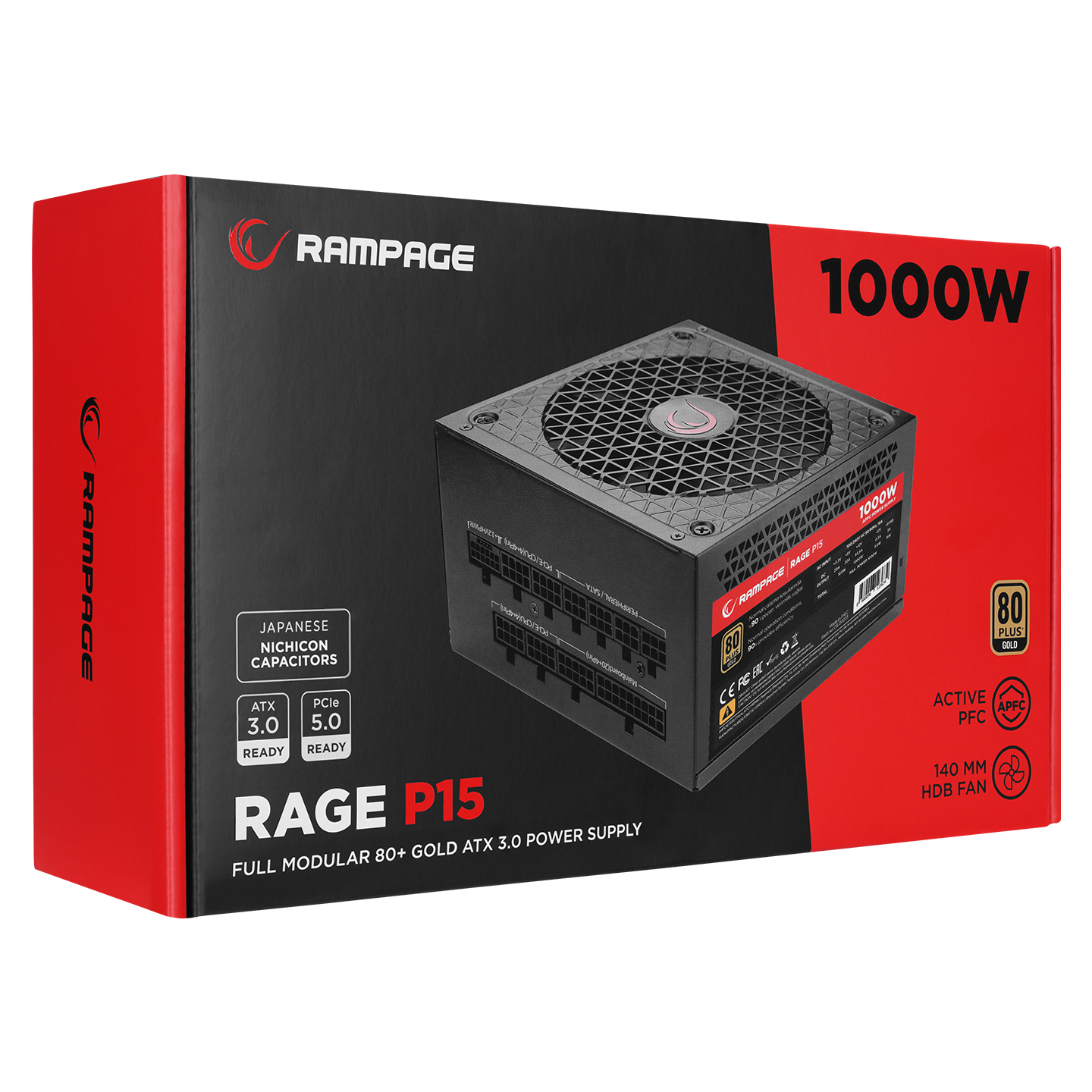 Siyah ve kırmızı Rampage Rage P15 güç kaynağı kutusu. 1000W etiketi ve Japon kondansatörleri ve 80+ Gold gibi özelliklere sahip.