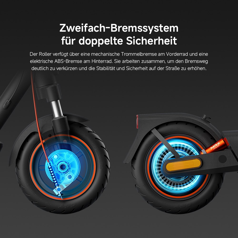 Detaillierte Darstellung des Bremssystems eines Elektrorollers. Vorderrad: mechanische Bremse. Hinterrad: elektronische ABS-Bremse. Beide Räder mit orangen Akzenten.