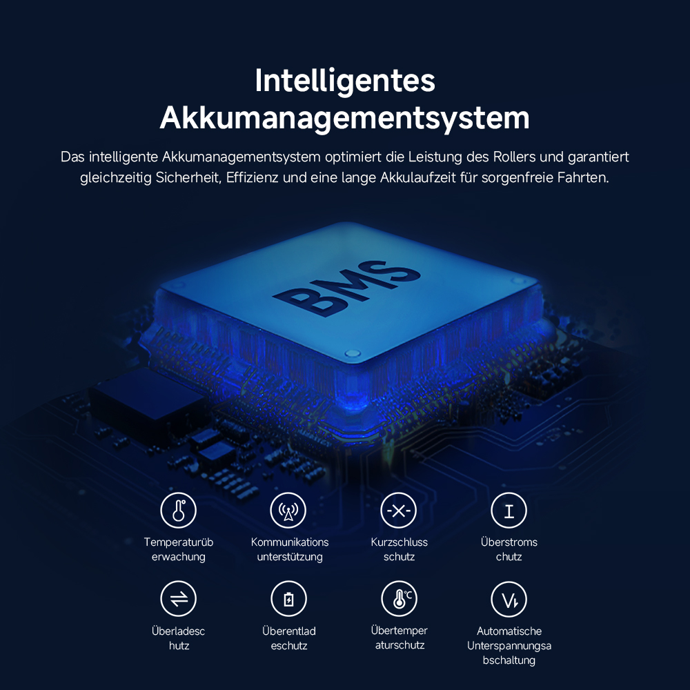 Ein Bild zeigt einen blauen BMS-Chip mit Symbolen, die Funktionen wie Temperaturüberwachung, Kurzschlussschutz und Überladeschutz darstellen.