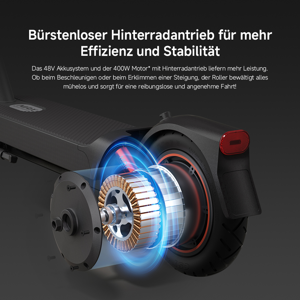 Das Hinterrad und der Motor eines Elektrorollers werden hervorgehoben, mit Text über Effizienz und Stabilität und einem blauen Leuchteffekt.