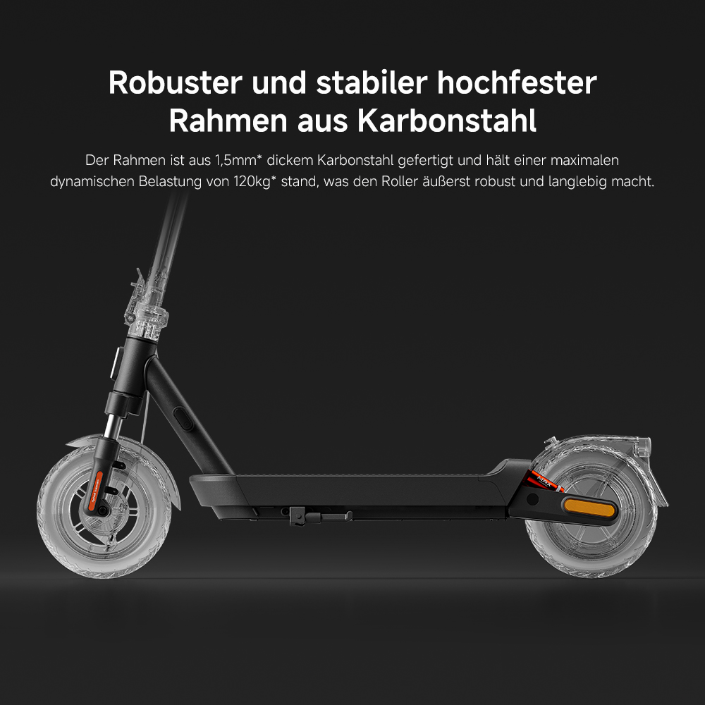 Ein schwarzer Elektroroller auf schwarzem Hintergrund. Klare Räder und ein Karbonstahlrahmen sind sichtbar. Text beschreibt den Rahmen.