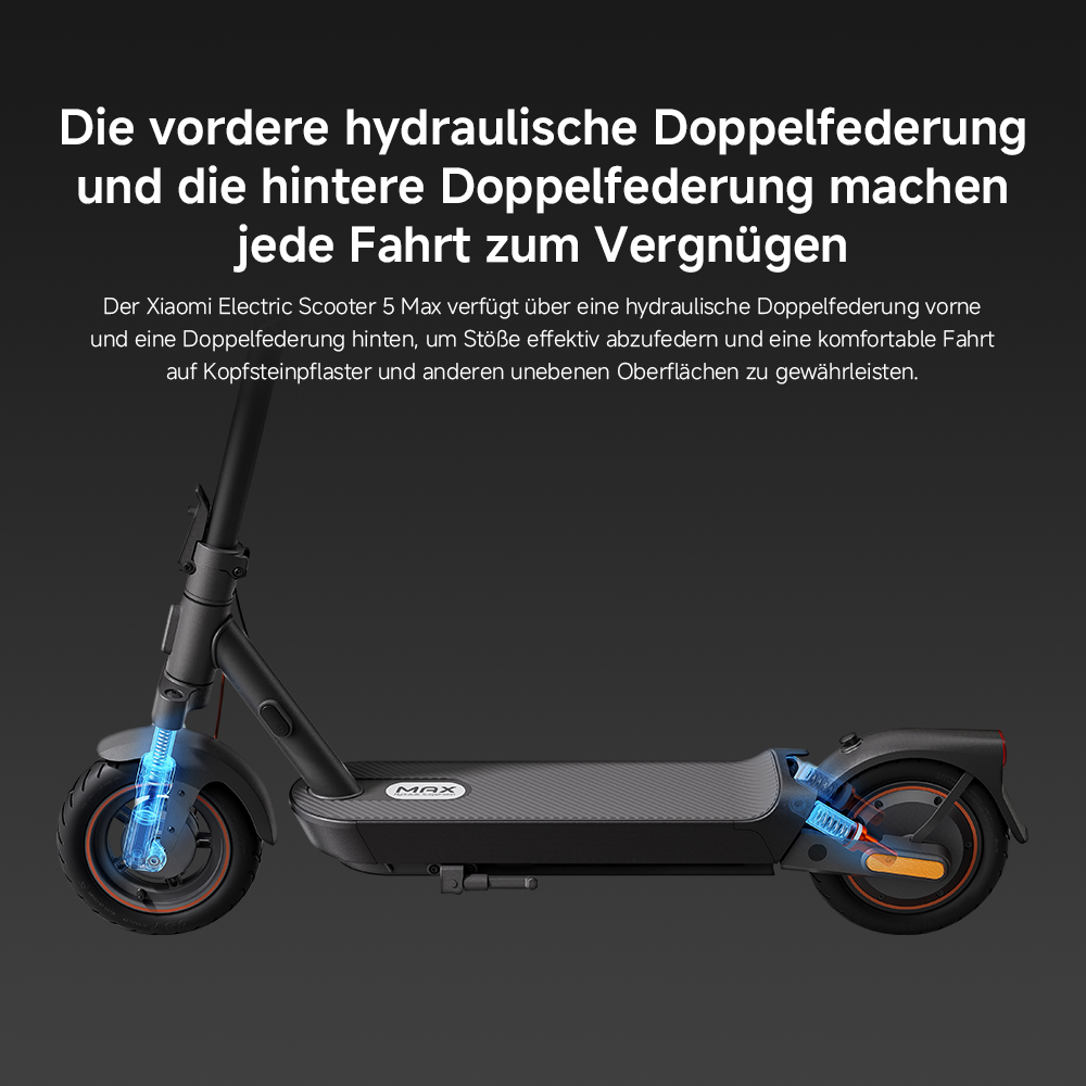 Ein schwarzer Elektroroller vor dunklem Hintergrund. Text oben erklärt seine Eigenschaften. Der Roller hat blaue und orange Akzente.