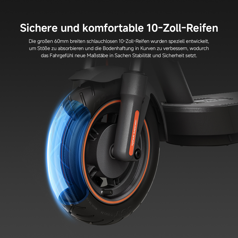 Nahaufnahme eines E-Scooter-Rads. Es hat einen schwarzen Reifen mit orangefarbenem Rand. Der Text lautet 'Hydraulikfederung'. Der Hintergrund ist dunkelgrau.