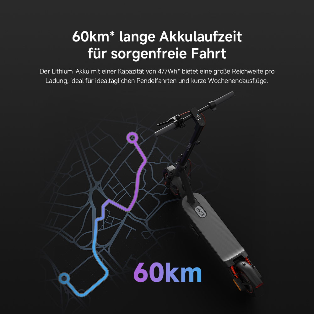 Ein Elektroroller mit 60 km Reichweite wird gezeigt. Eine Routenkarte und Text werden vor dunklem Hintergrund angezeigt.