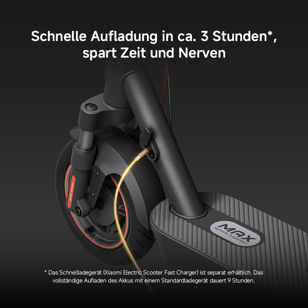 Ein schwarzer Elektroroller wird gezeigt. Ein Ladekabel ist eingesteckt. Der Text besagt schnelles Aufladen in ca. 3 Stunden.