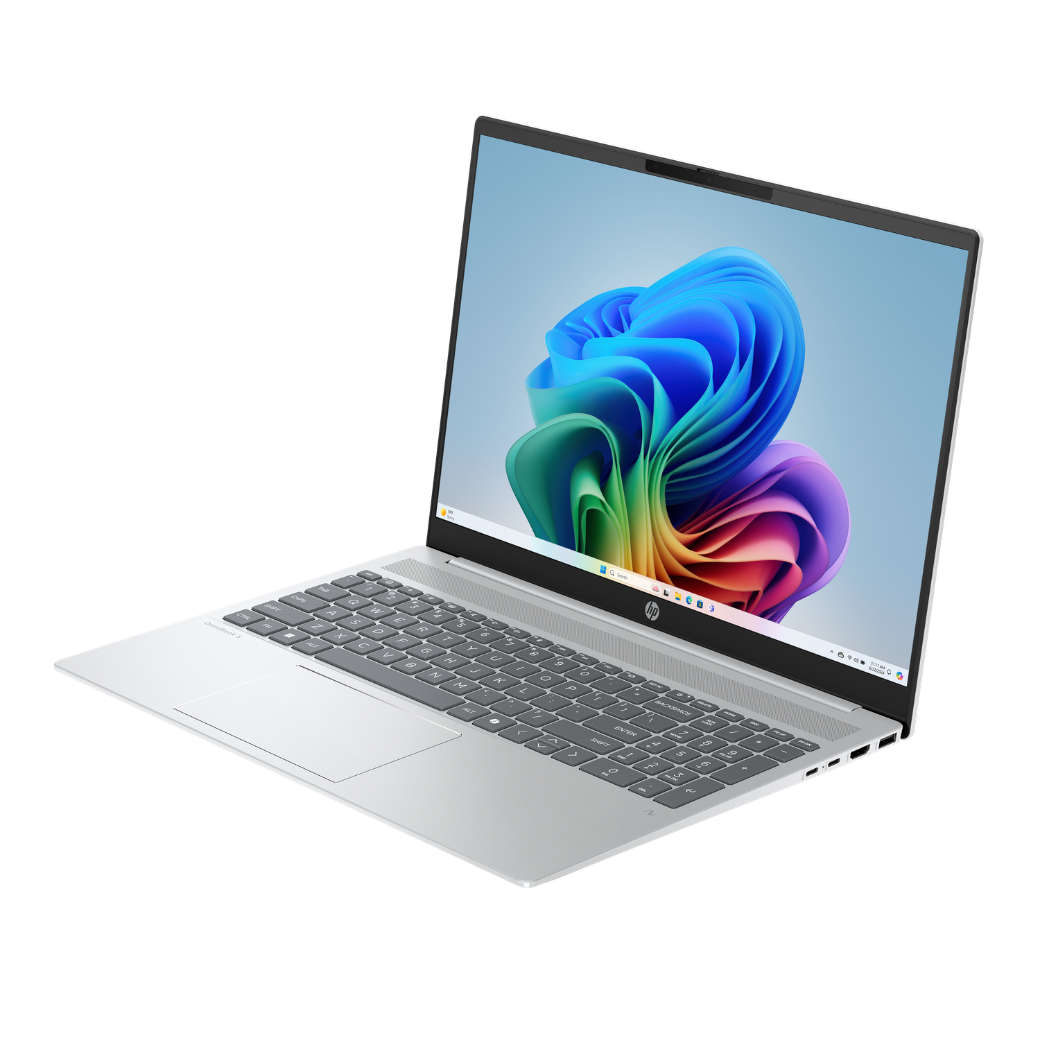 Silver laptop with a colorful screen display. The keyboard is visible. It's on a black background.