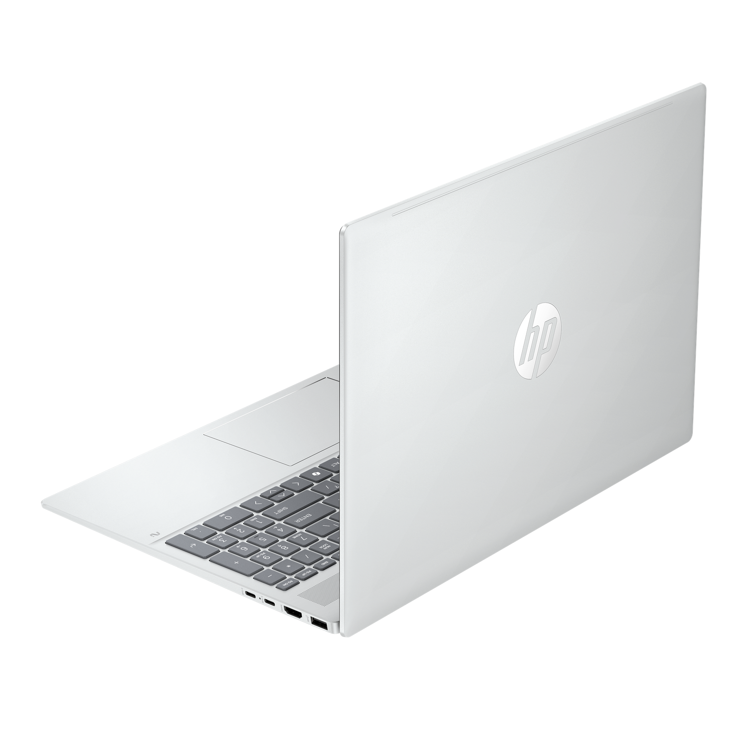A silver HP laptop is open on a black background. The keyboard is visible, and the HP logo is on the lid.