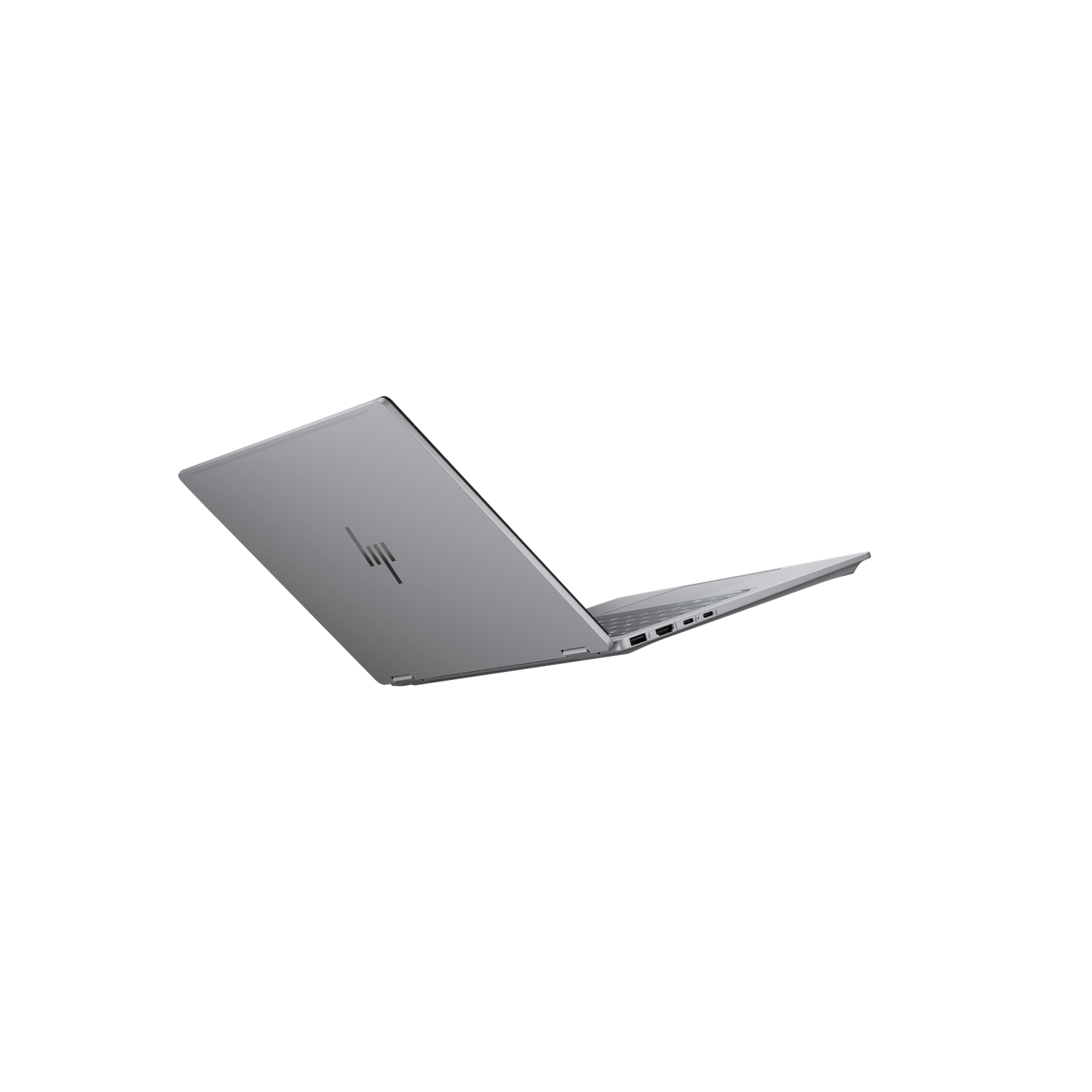 A silver HP laptop is open against a black background. The HP logo is visible. The screen and keyboard are visible.