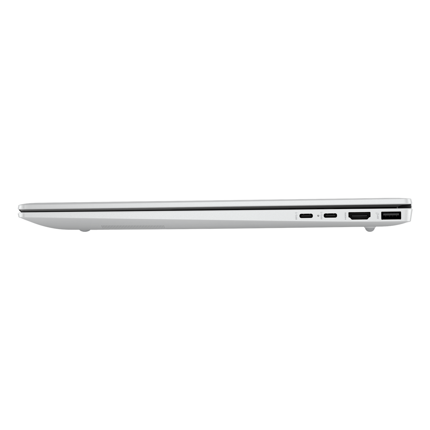 Side view of a silver laptop. Visible ports include USB, HDMI, USB-C, and audio jack. The laptop is closed and sleek.