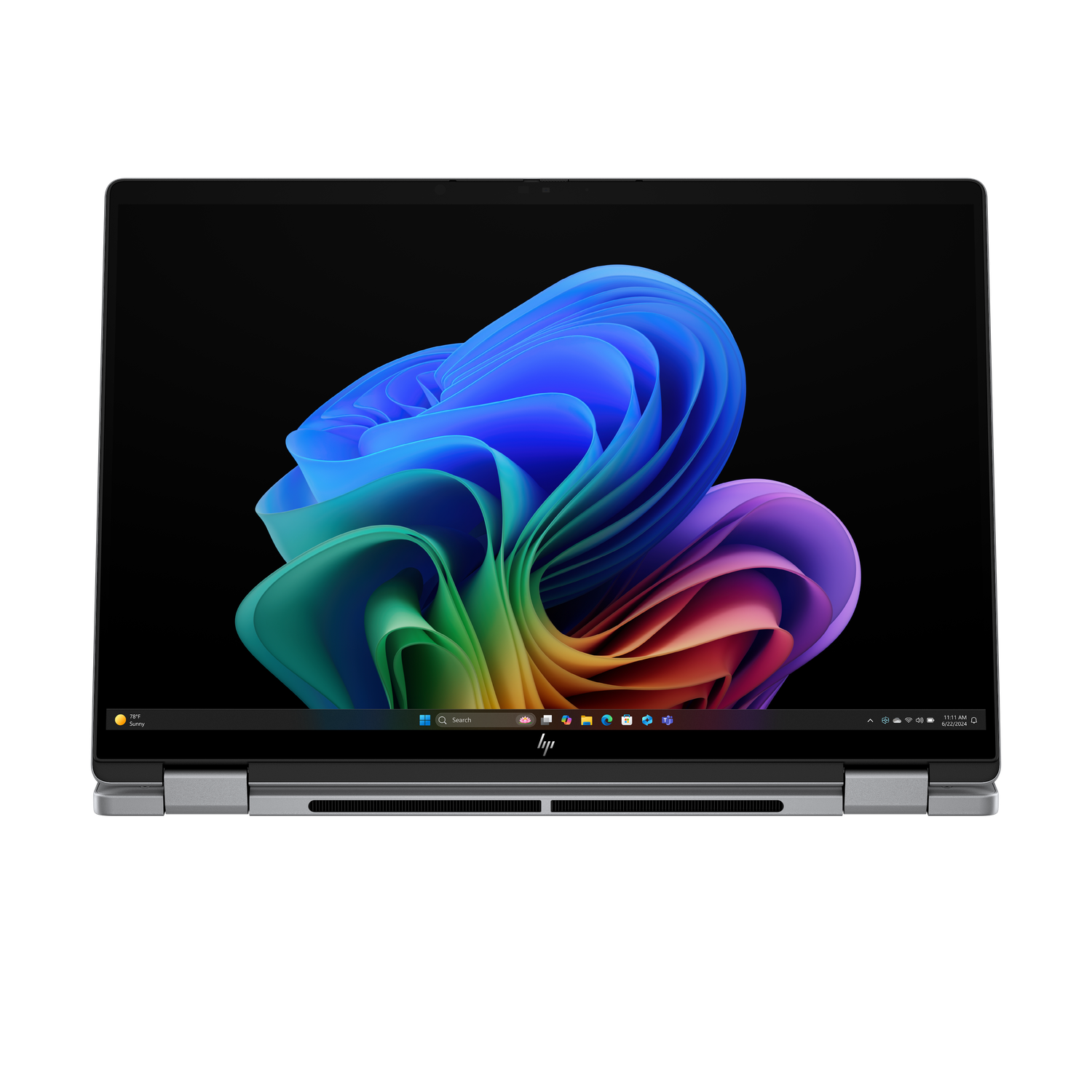 A silver HP laptop on a black background. The screen displays a colorful abstract design. The time is 11:11 AM.