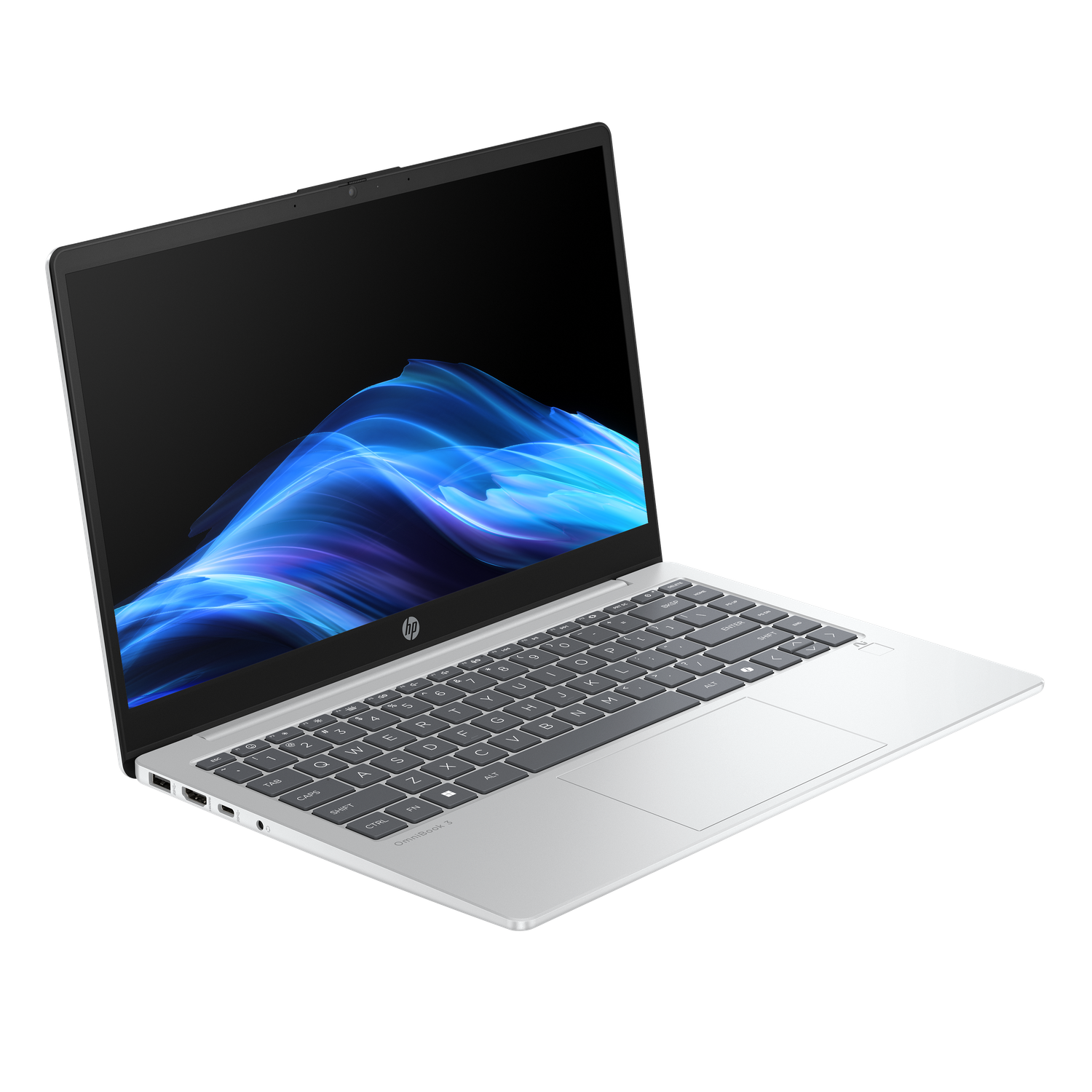 Silver HP laptop on black background. The screen displays blue and white abstract art. Keyboard visible, touchpad and ports are present.