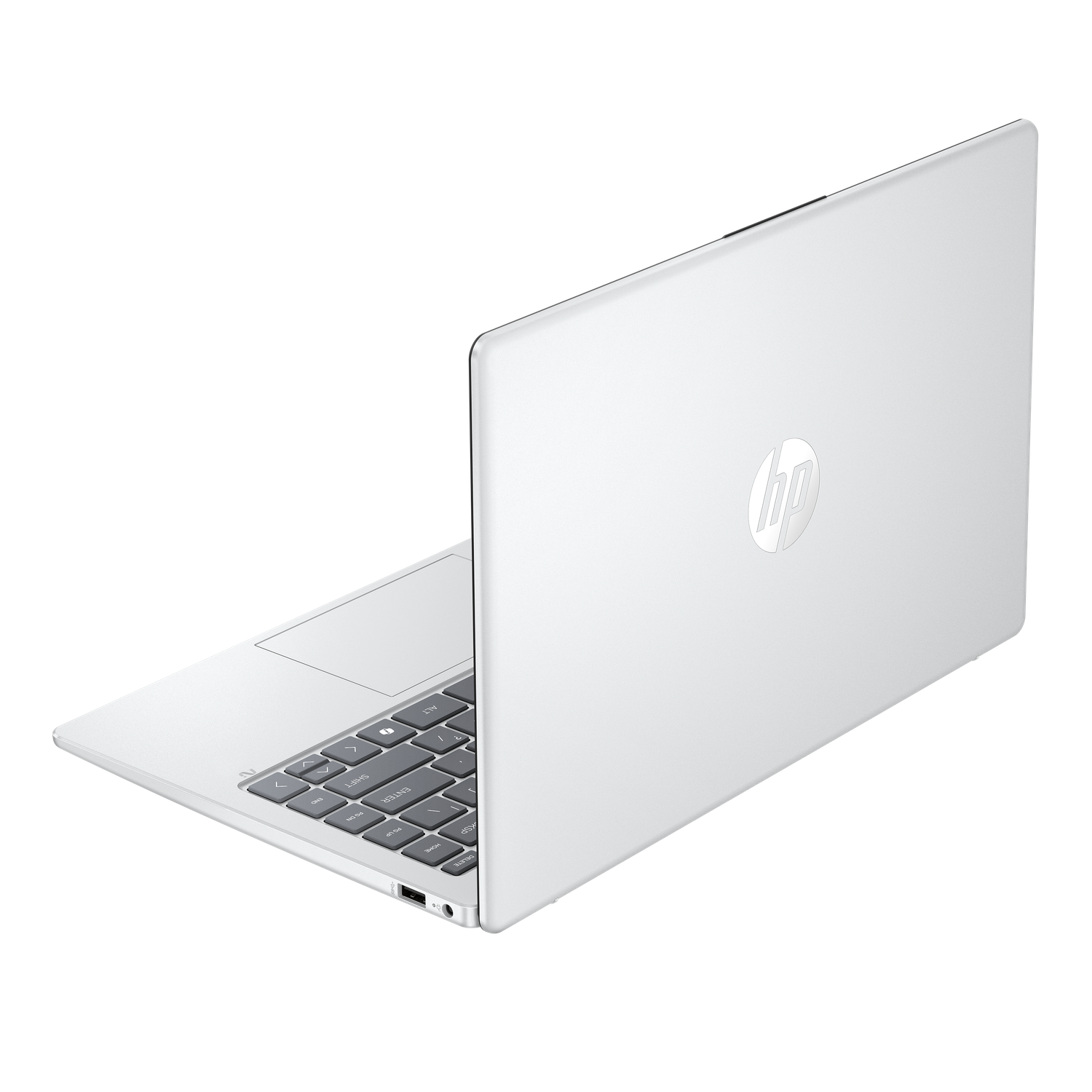 A white HP laptop is slightly open, showing the keyboard and the HP logo on the back. The background is black.