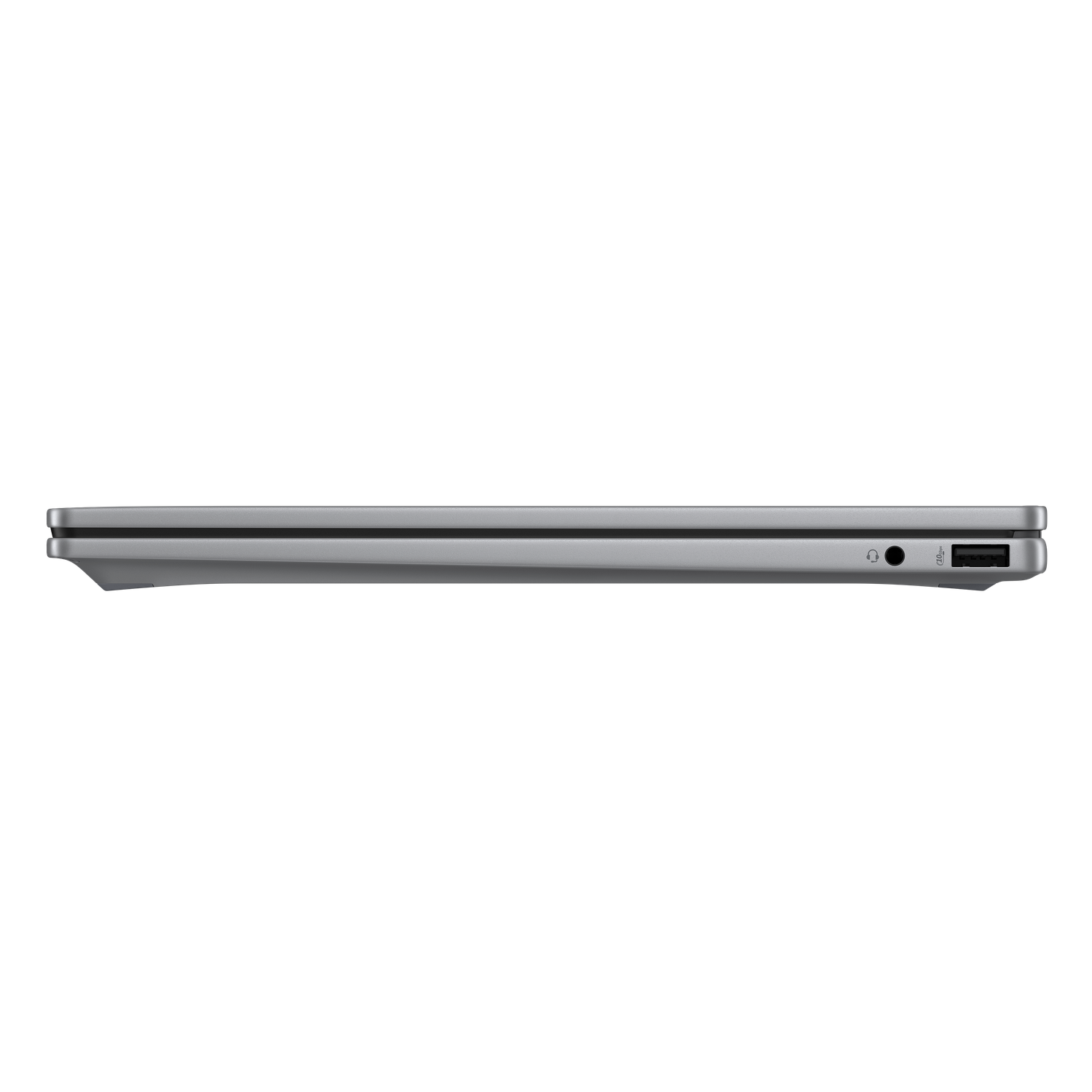 Side view of a closed, silver laptop against a black background. Visible ports include headphone jack, USB, and charging port.
