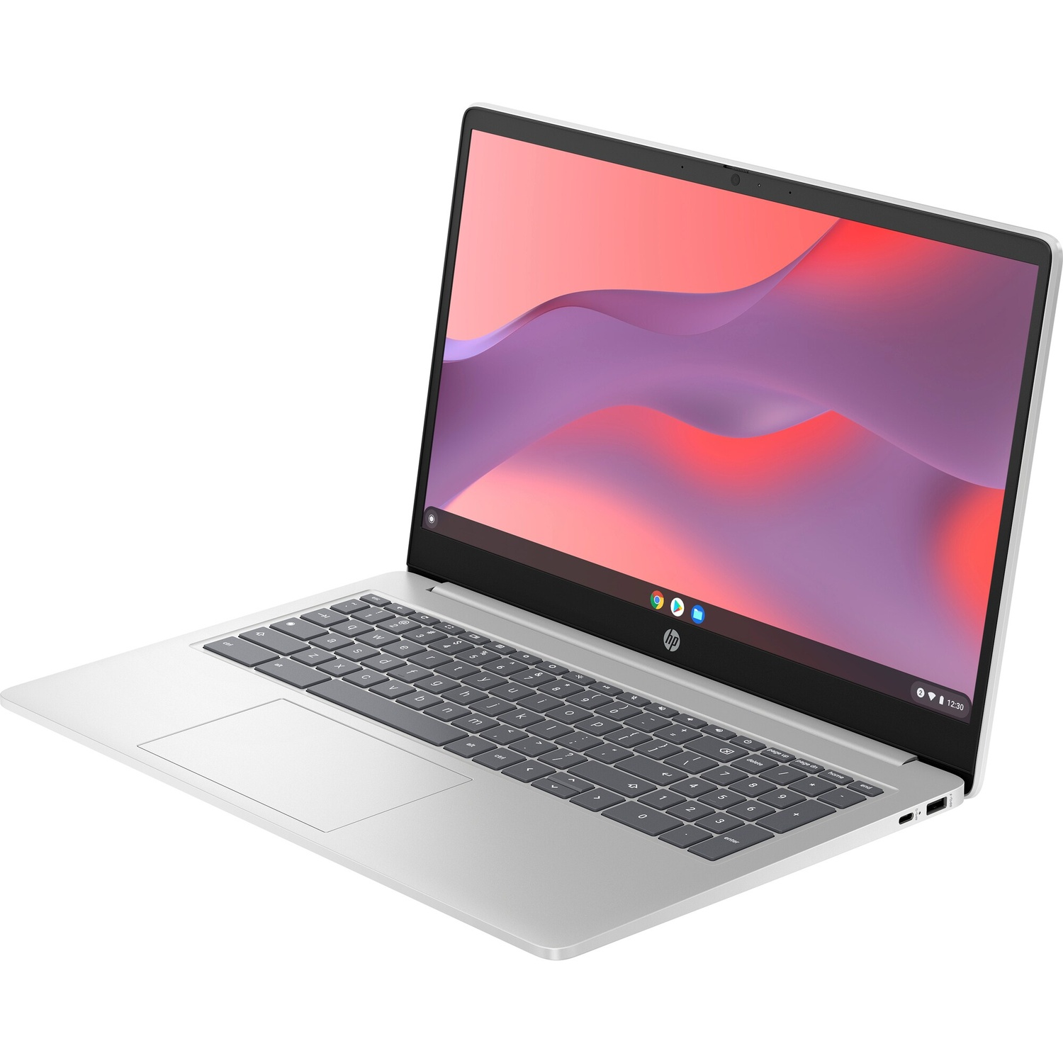 Silver HP Chromebook laptop. Screen displays pink and purple abstract design. Keyboard and trackpad visible. HP logo is present.