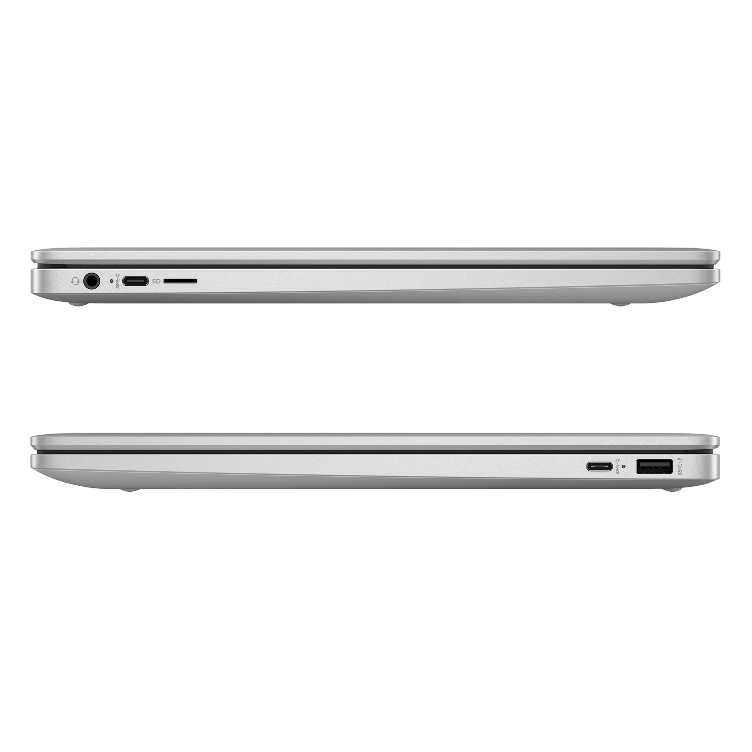 Two silver laptops are shown side-on, with ports visible. The top one has a headphone jack, USB-C, and SD card slot.