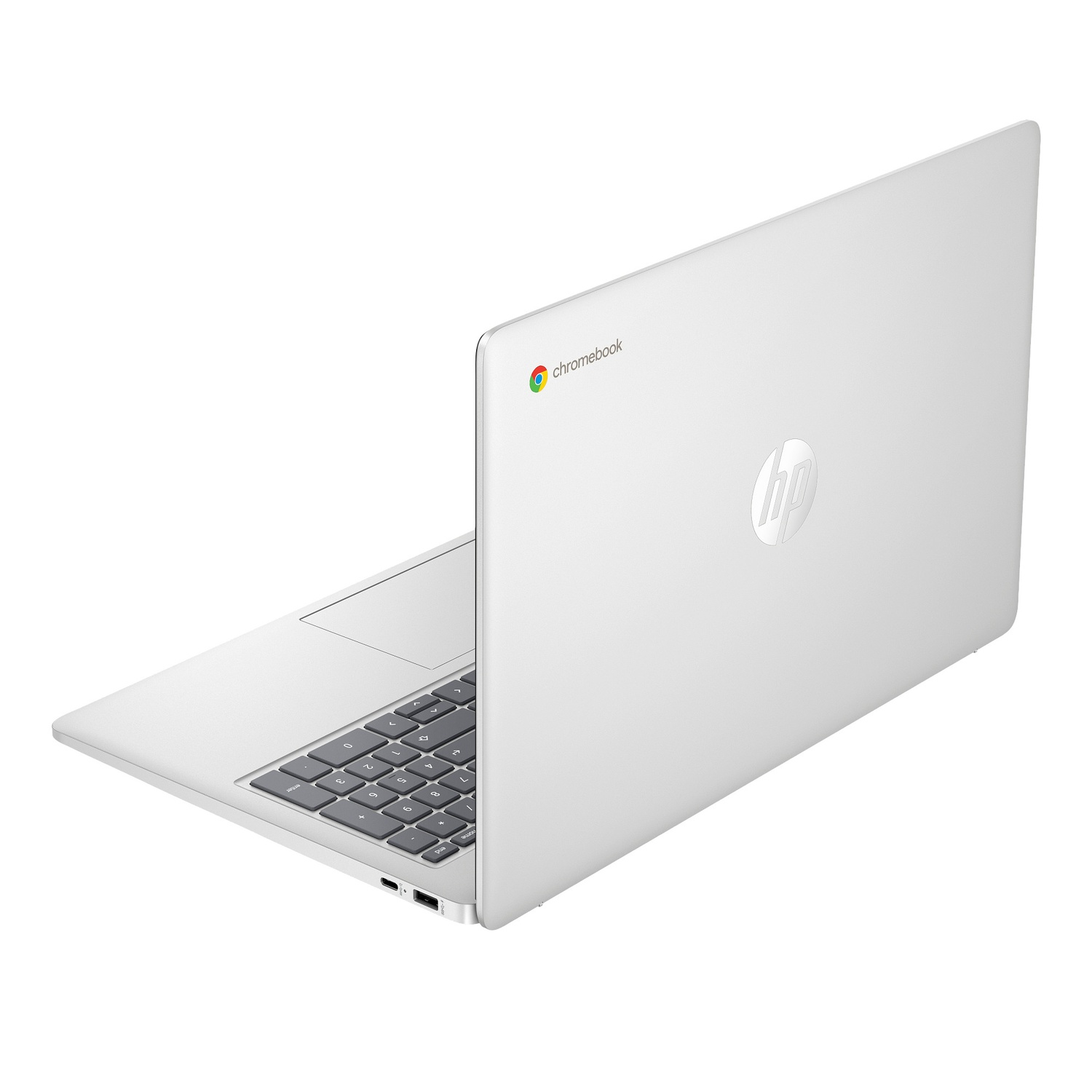 A white HP Chromebook laptop is slightly open, revealing the keyboard. The HP logo is on the back, and the Chromebook logo is visible.