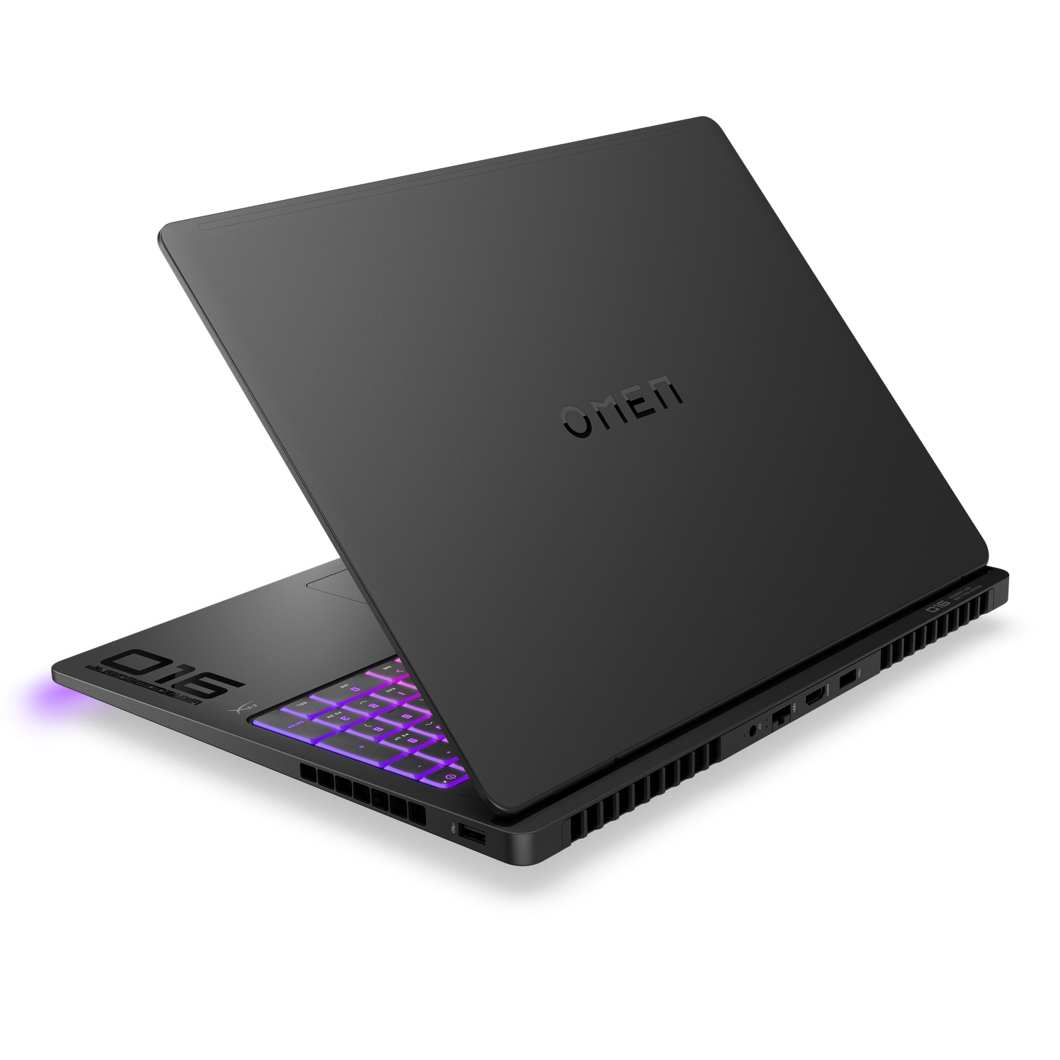 Black Omen 15 laptop, partially open. Keyboard lit with purple and white keys. OMEN logo visible on the lid. Black background.