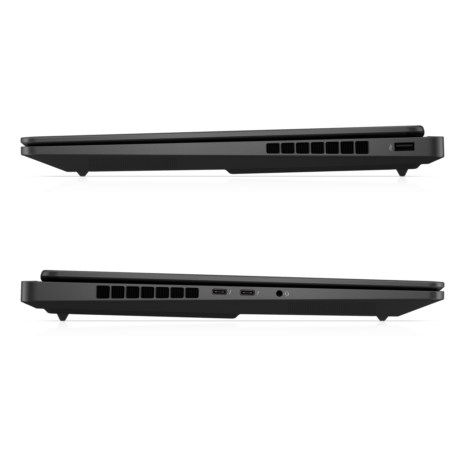 Two black laptops are shown from the side. They rest on white surfaces. Ports and vents are visible. The background is black.