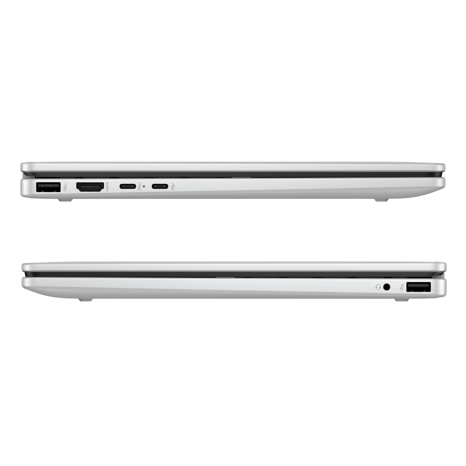 Two silver laptops, side view, stacked. Top laptop shows ports: USB, HDMI, USB-C. Bottom laptop shows headphone jack and USB port.