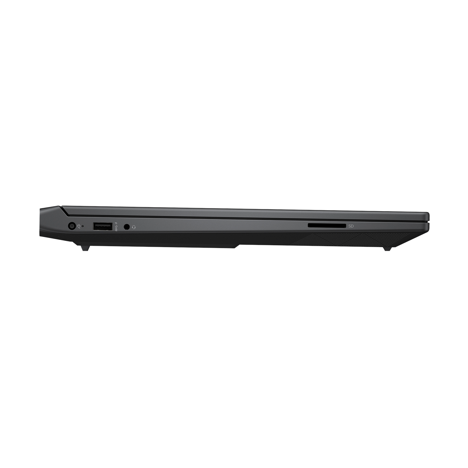 Side view of a black laptop with ports visible: USB, audio jack, SD card slot, and power input, set against a black background.