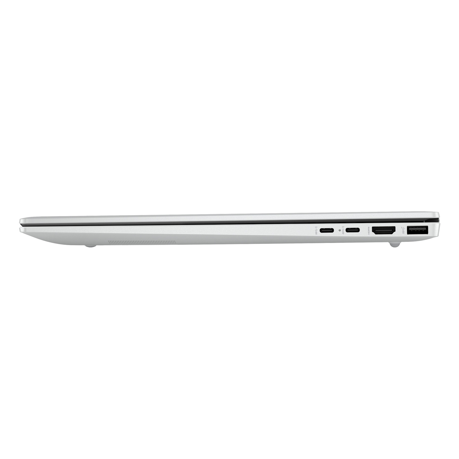 Side view of a silver laptop. Visible ports include USB, HDMI, and power. The background is plain white.