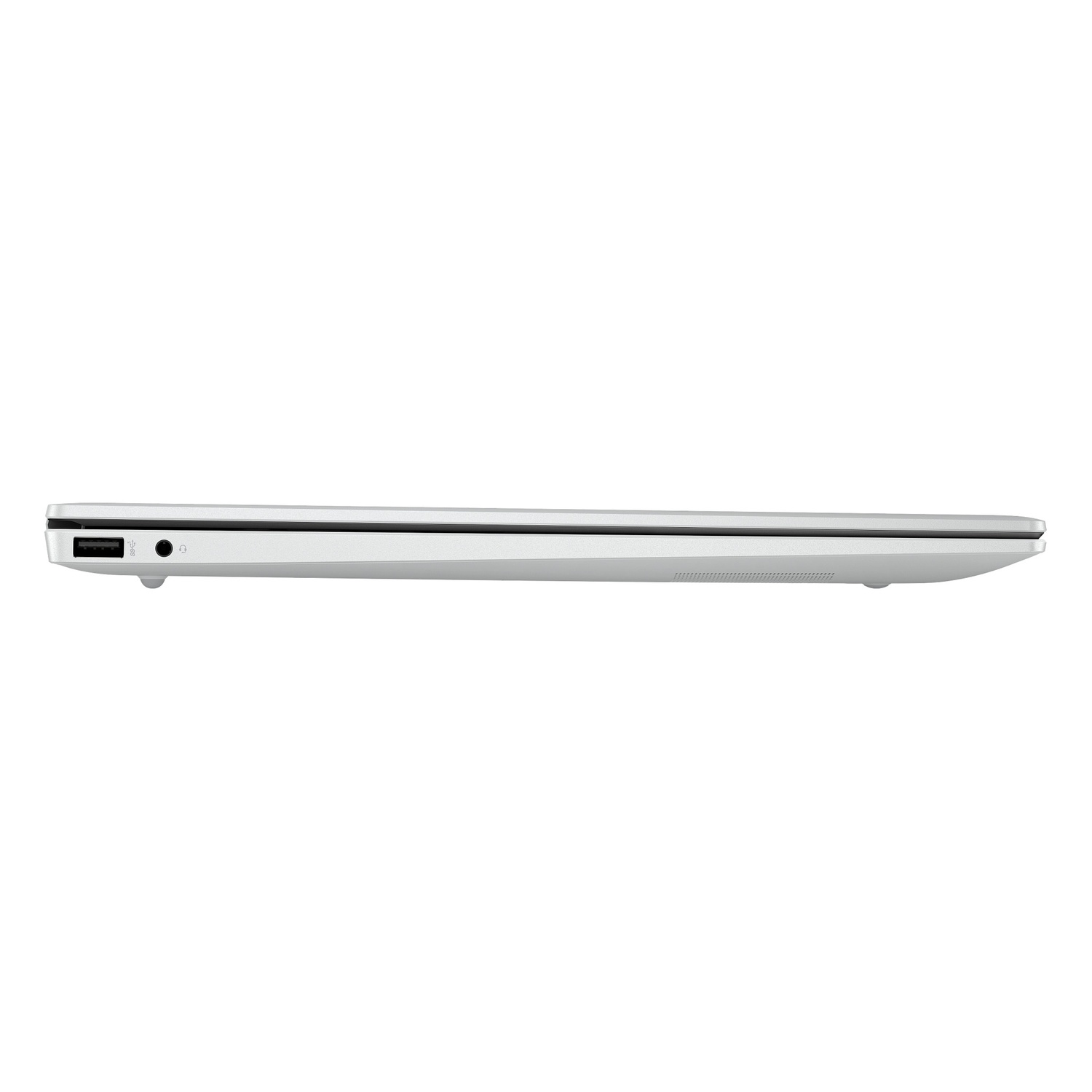 Side view of a silver laptop. Visible ports include USB, headphone jack, and a power input. The laptop is closed and slim.