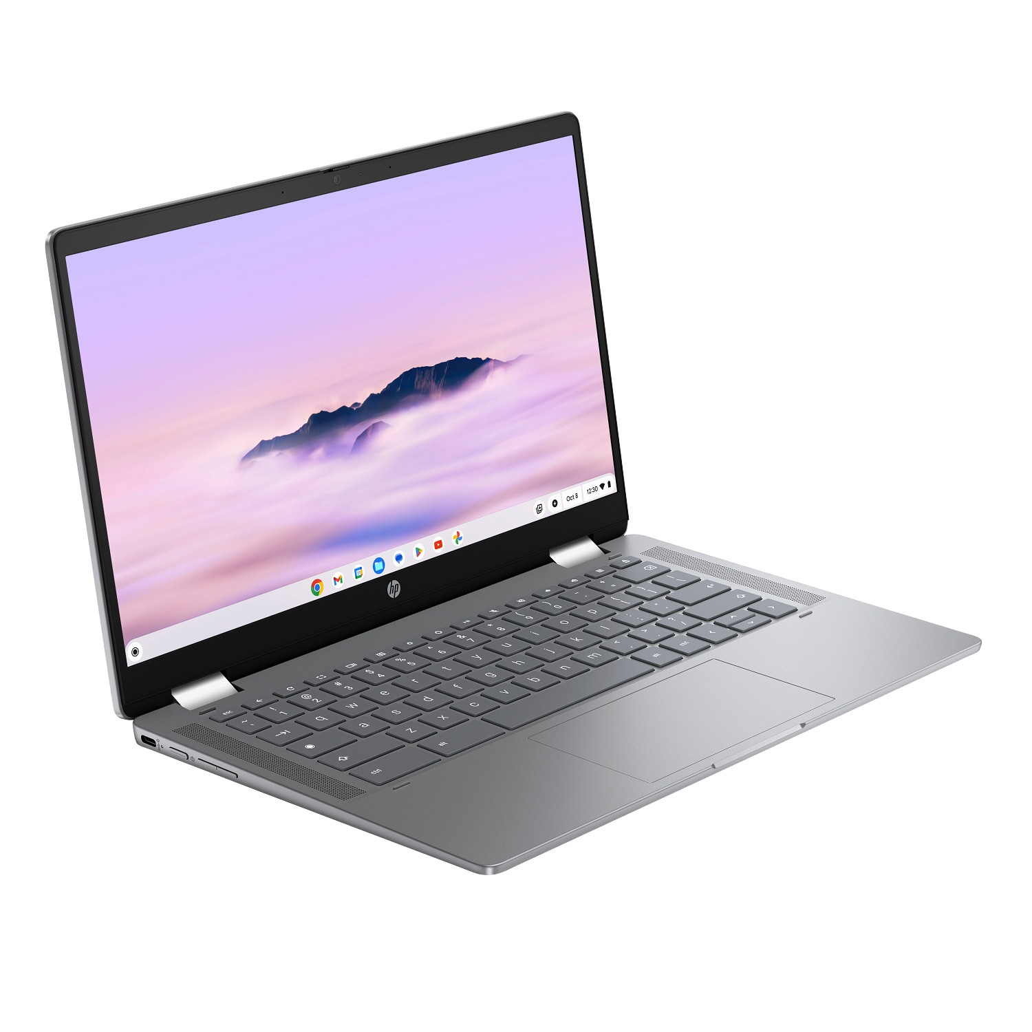A silver HP laptop is open, showing a desktop with a mountain scene. The keyboard is visible. The background is white.