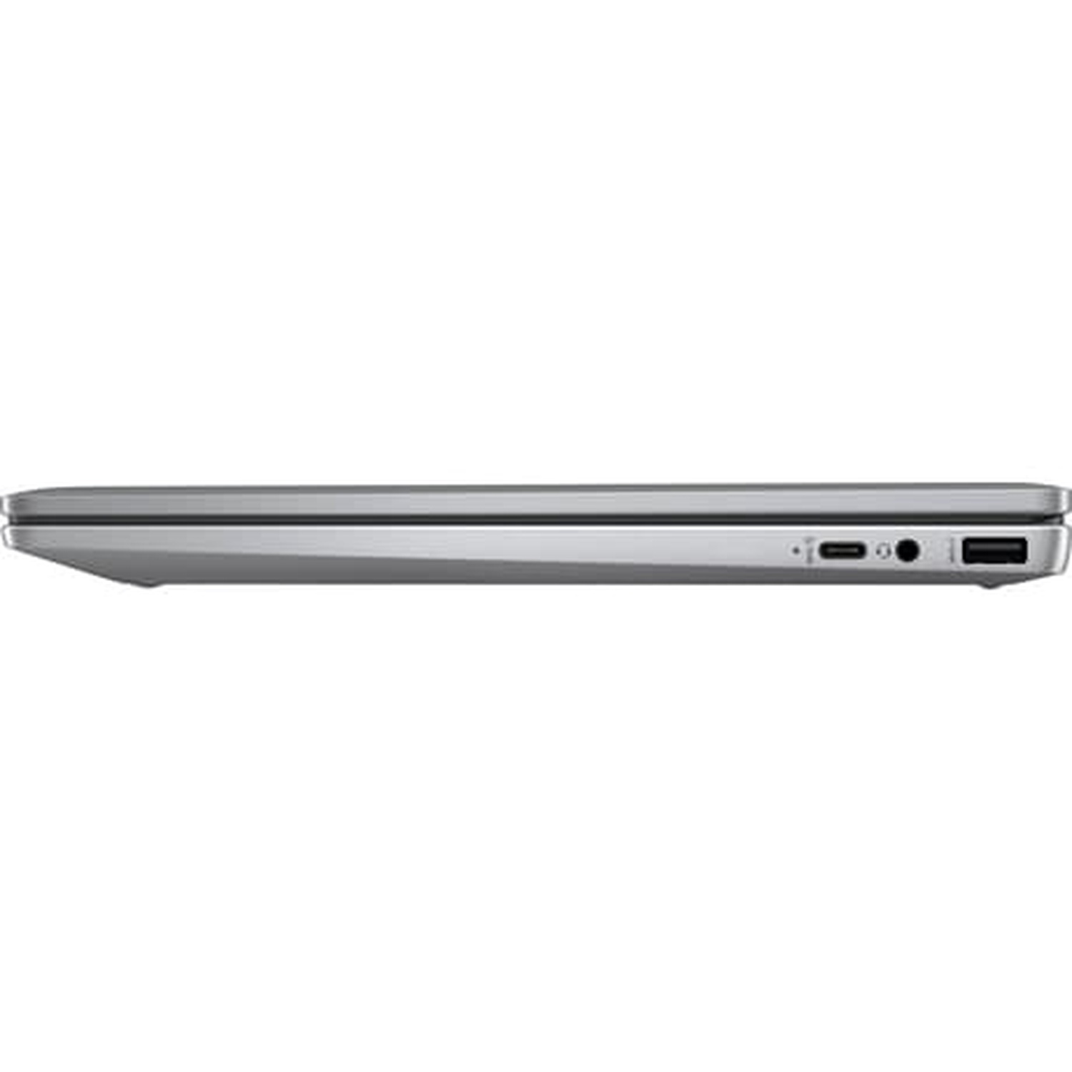 A side view of a silver laptop, showing ports including USB, audio jack, and a USB-C. The laptop is closed and rests on a white background.