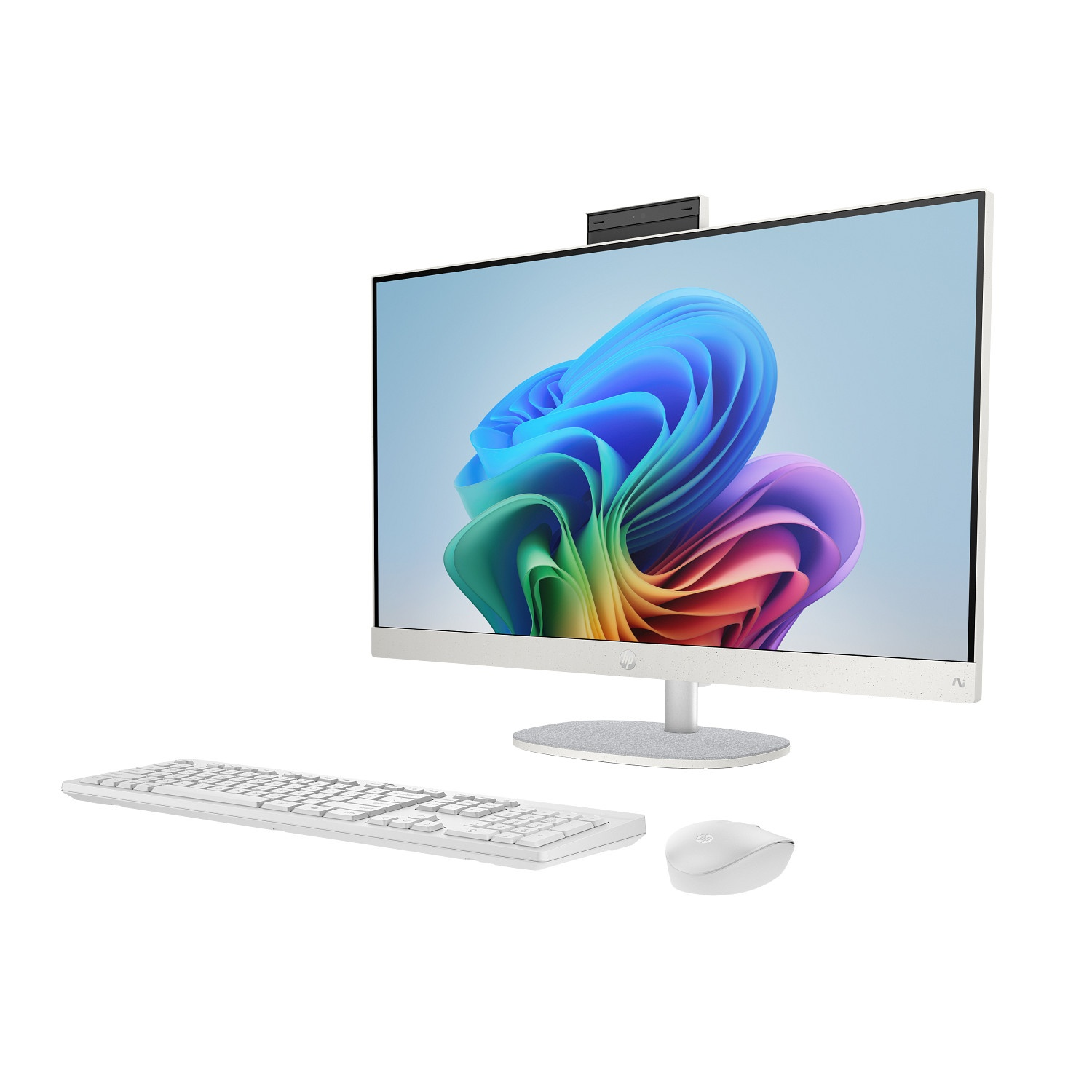 White HP all-in-one computer with keyboard and mouse. The screen displays a colorful abstract image. All on a white background.
