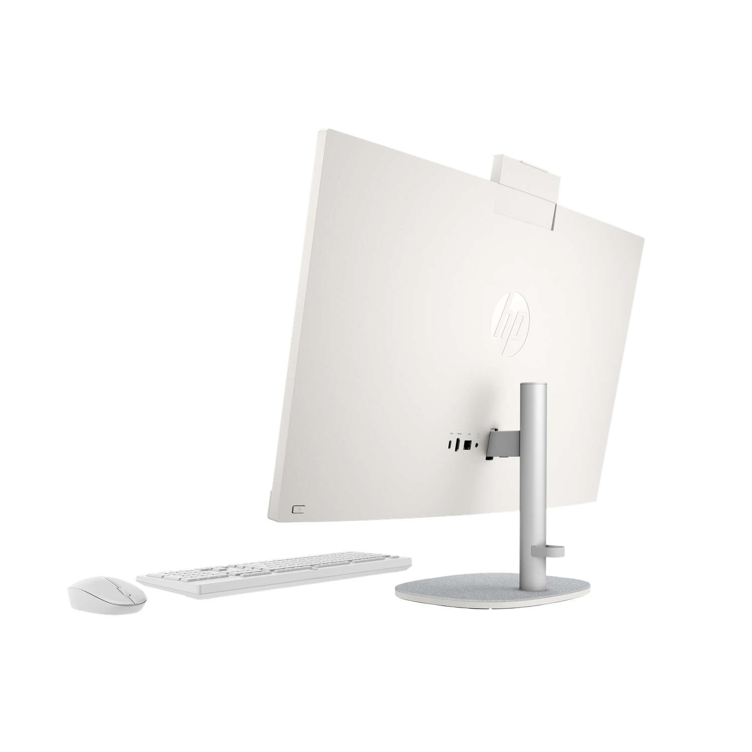 Rear view of an HP all-in-one computer. Includes a white monitor, keyboard, mouse, and a stand, all on a black background.