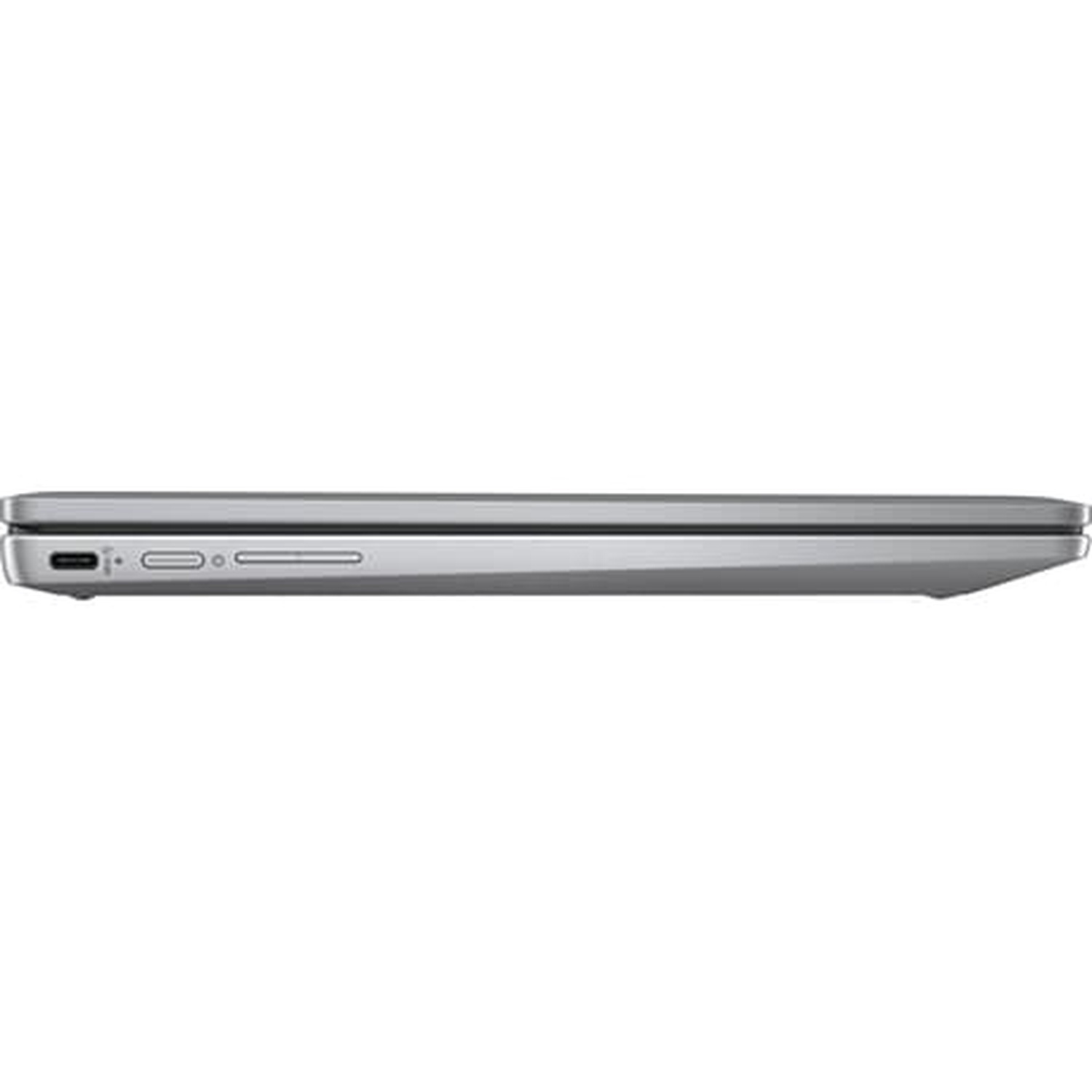 A closed, silver laptop is seen from the side. The ports and edges are visible, set against a white background.