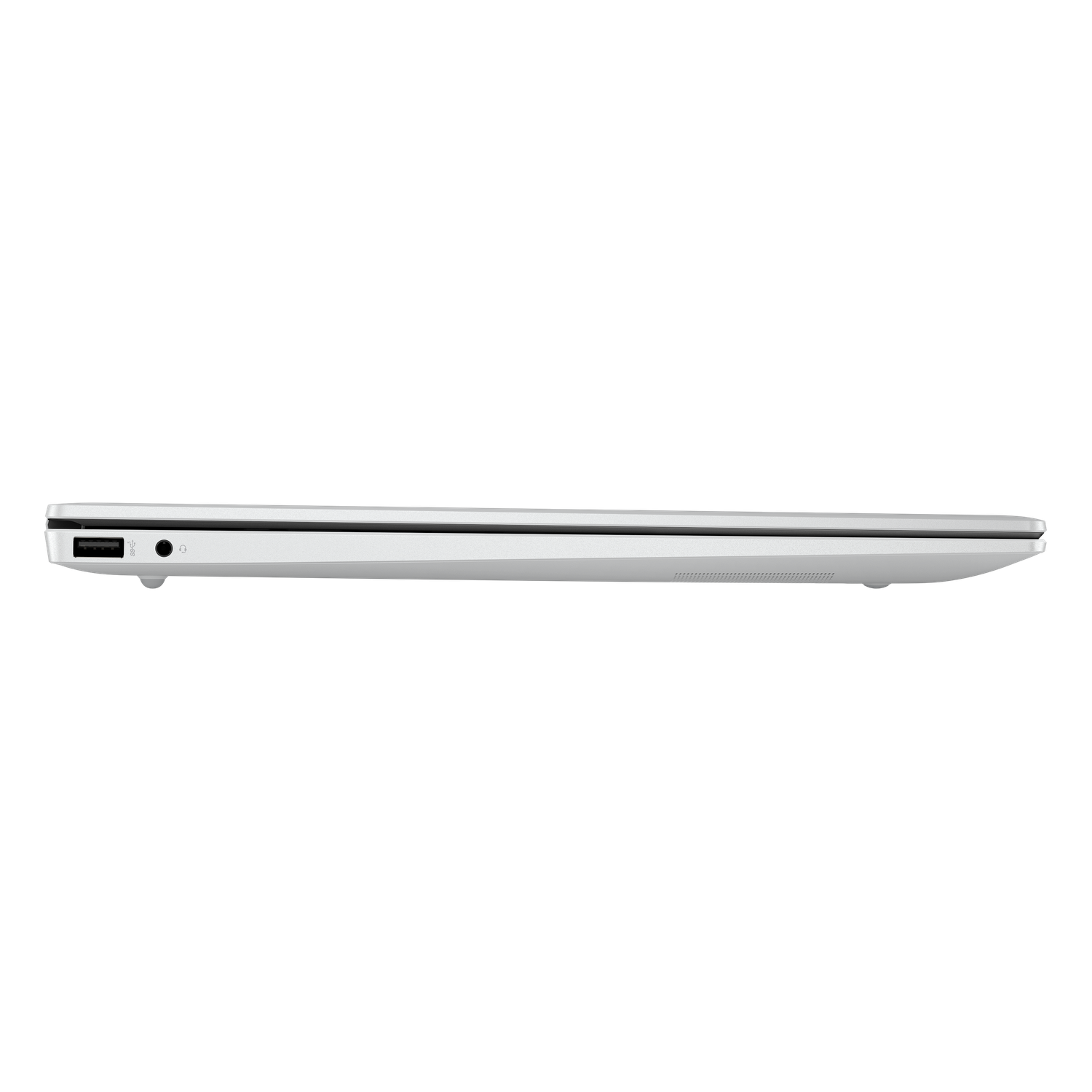 Side view of a closed white laptop on a black background. Visible are USB ports, audio jack, and the thin profile of the device.